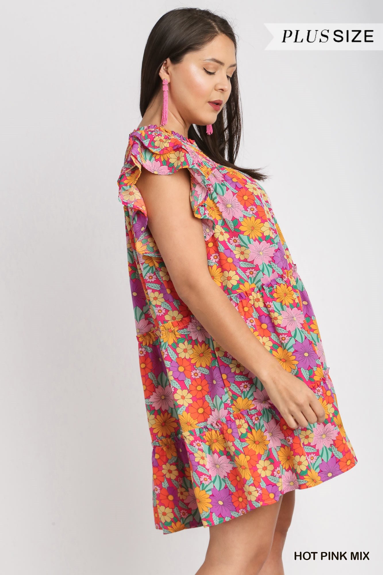 Umgee Plus V-Notched Floral Print Double Layered Ruffle Sleeve Dress