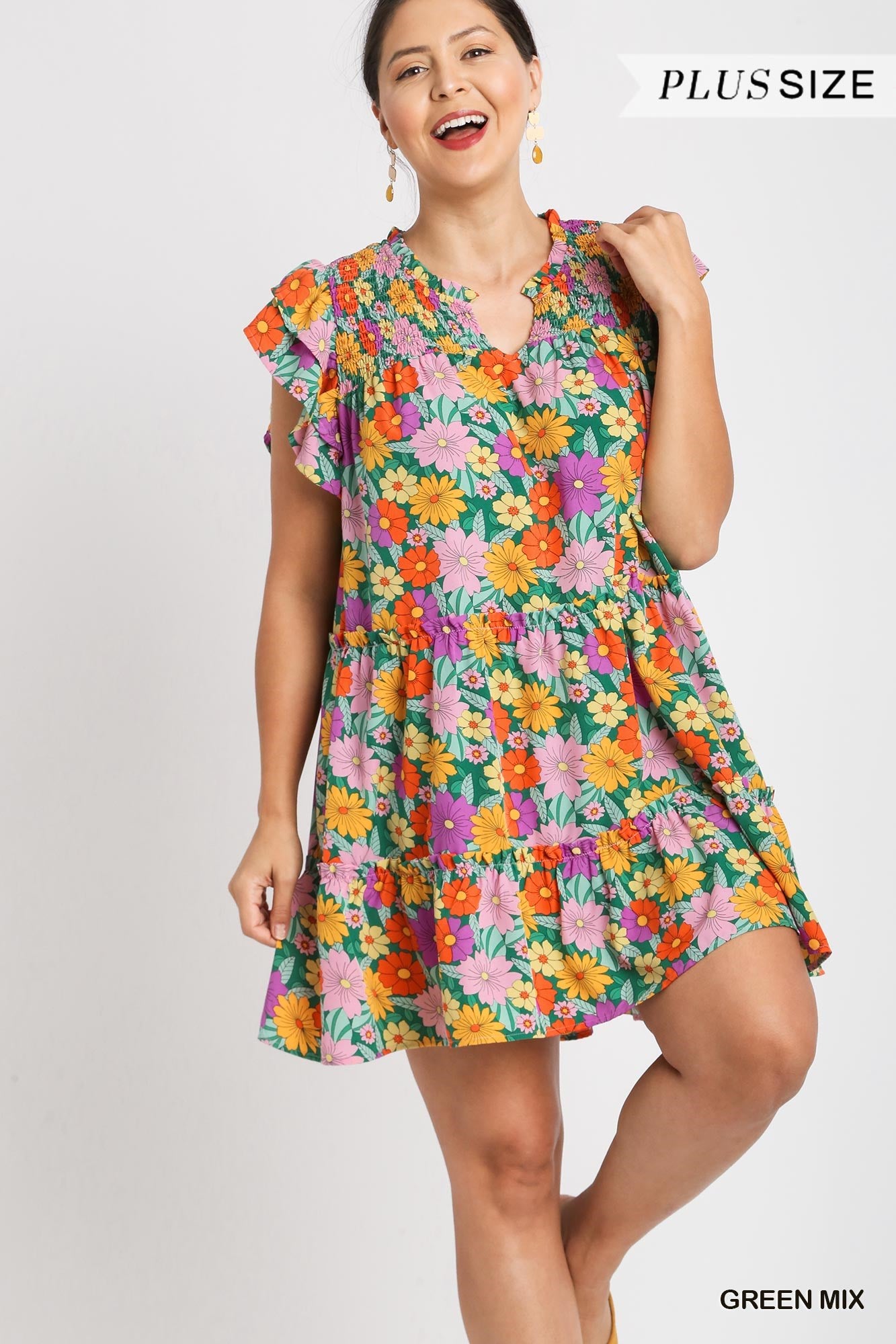 Umgee Plus V-Notched Floral Print Double Layered Ruffle Sleeve Dress