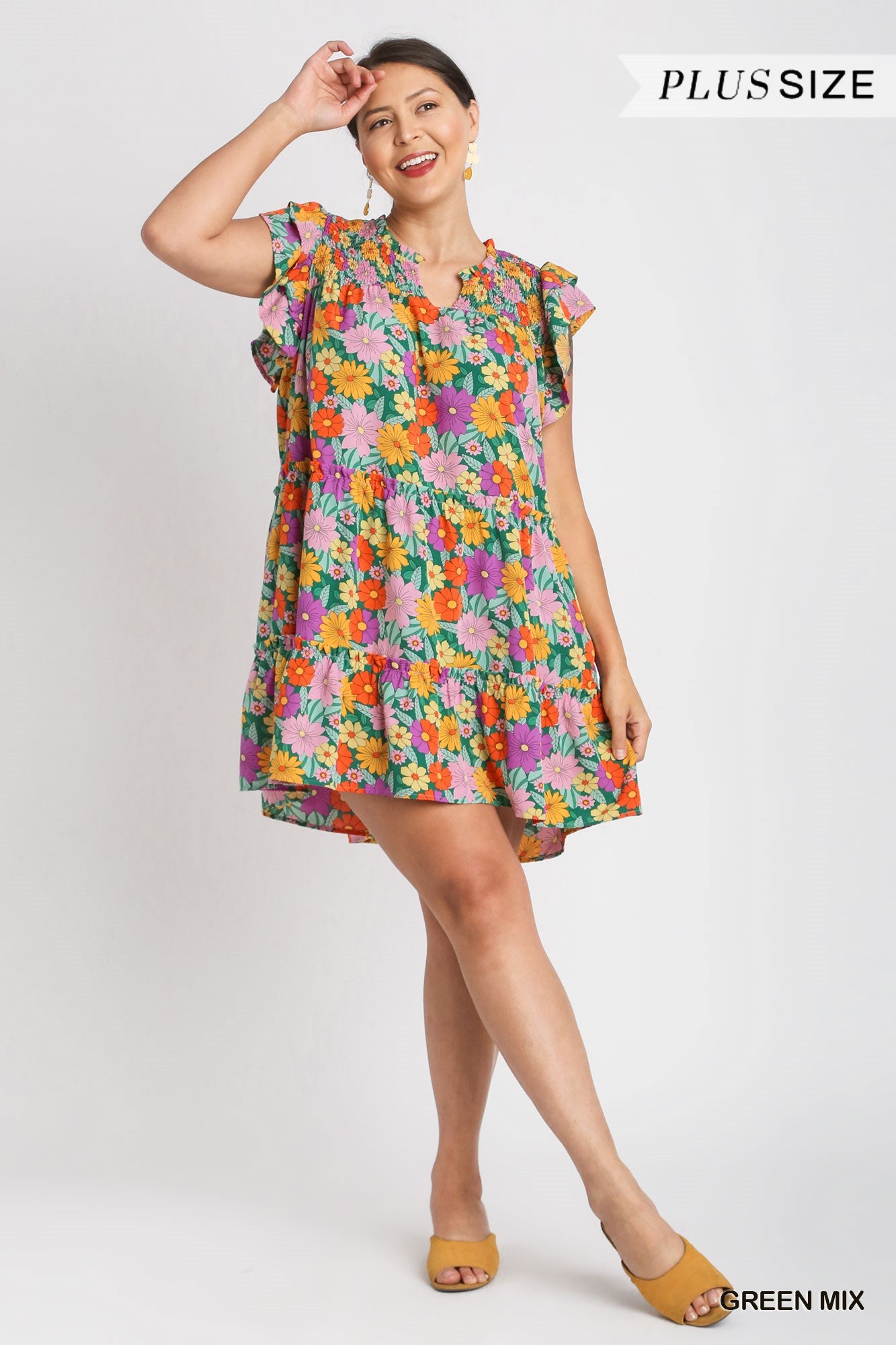 Umgee Plus V-Notched Floral Print Double Layered Ruffle Sleeve Dress