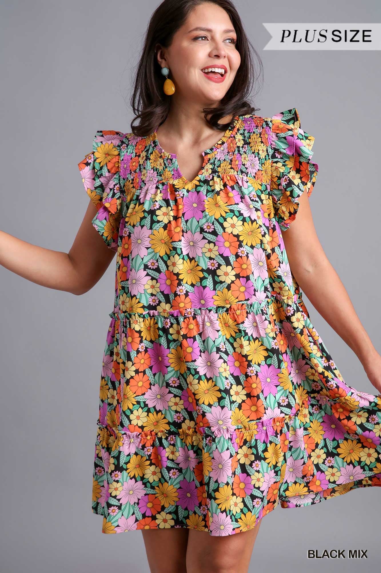 Umgee Plus V-Notched Floral Print Double Layered Ruffle Sleeve Dress