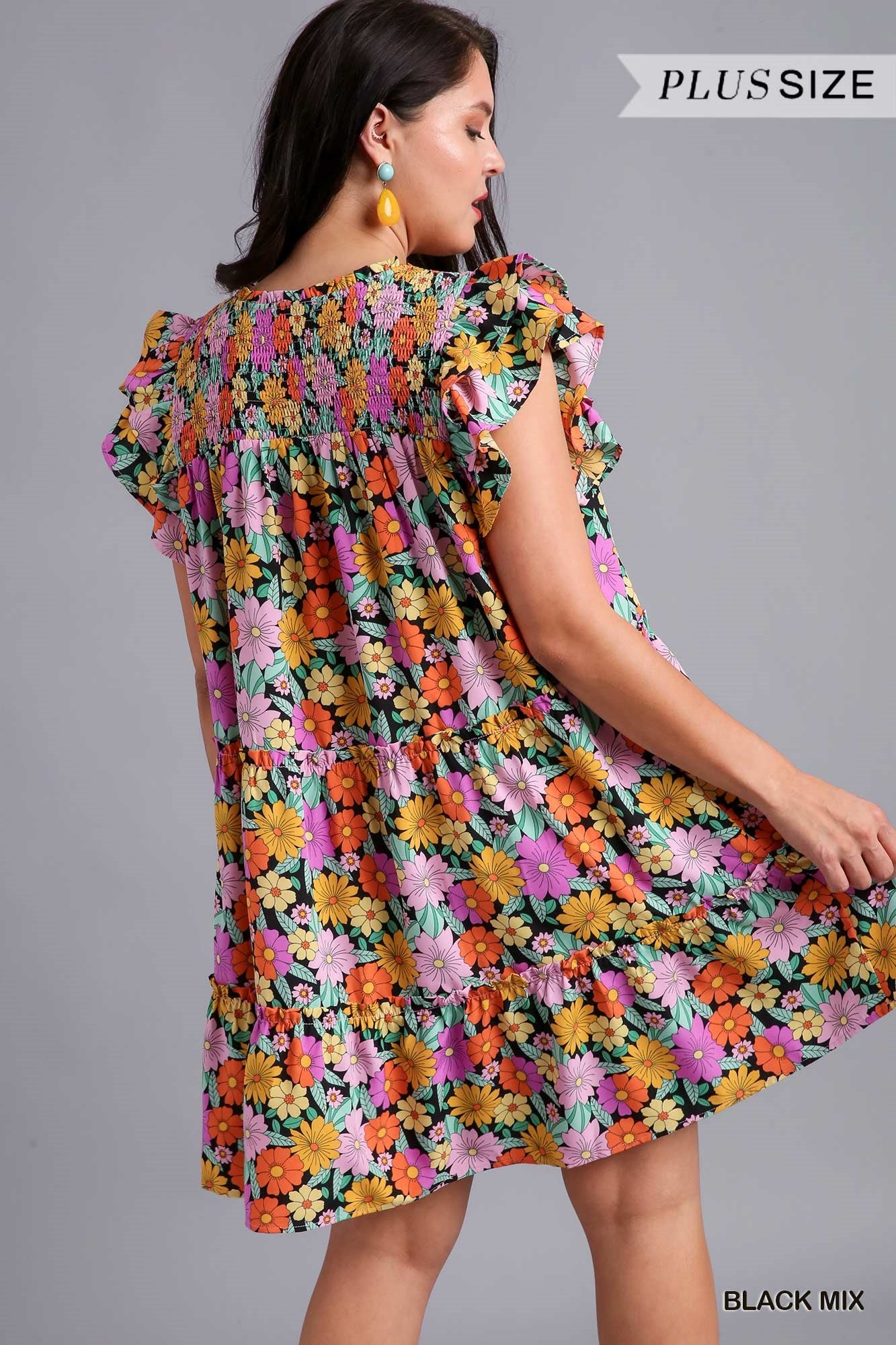 Umgee Plus V-Notched Floral Print Double Layered Ruffle Sleeve Dress