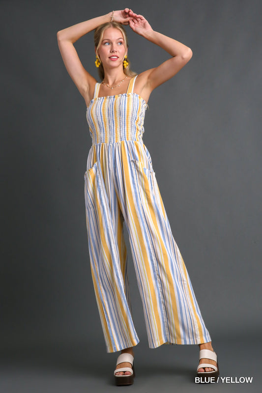 Umgee Stripe Smocked Side Pockets Jumpsuit