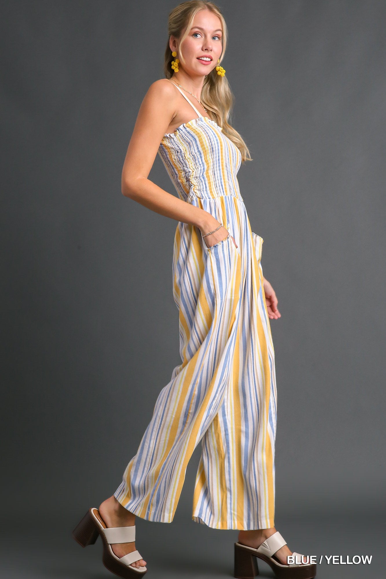 Umgee Stripe Smocked Side Pockets Jumpsuit