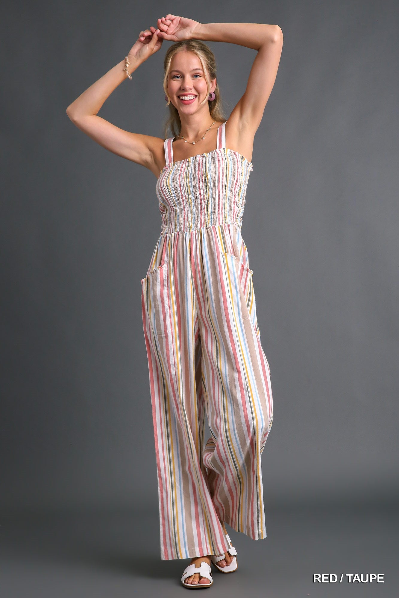 Umgee Stripe Smocked Side Pockets Jumpsuit