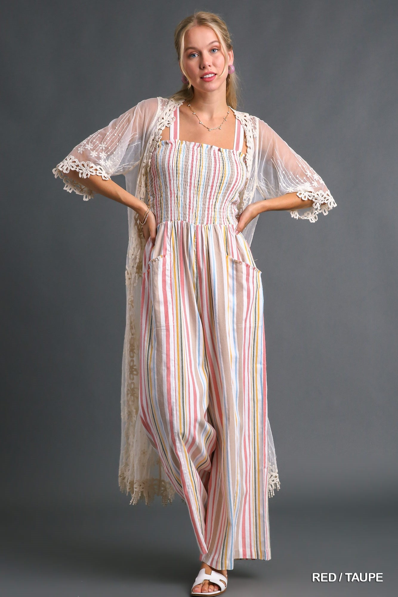 Umgee Stripe Smocked Side Pockets Jumpsuit