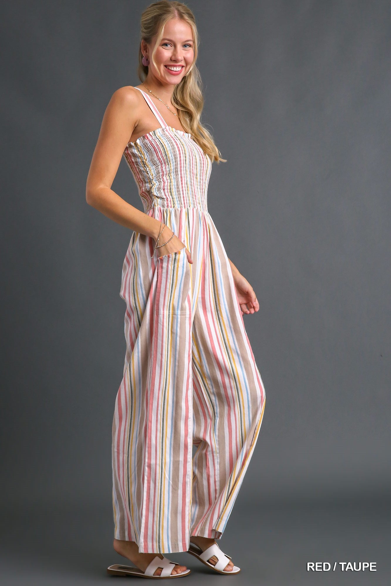 Umgee Stripe Smocked Side Pockets Jumpsuit