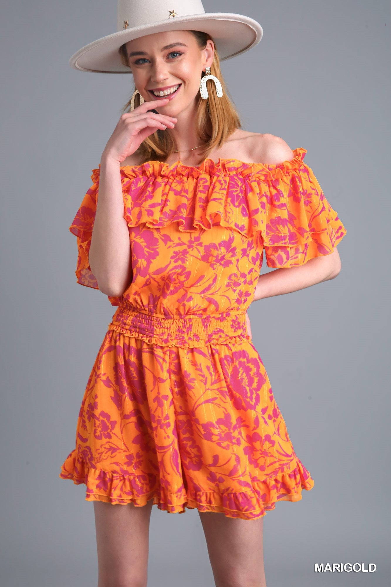 Umgee Two Ways Layered Off Shoulder Metallic Ruffle Trim Romper