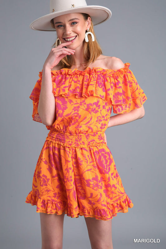 Umgee Two Ways Layered Off Shoulder Metallic Ruffle Trim Romper