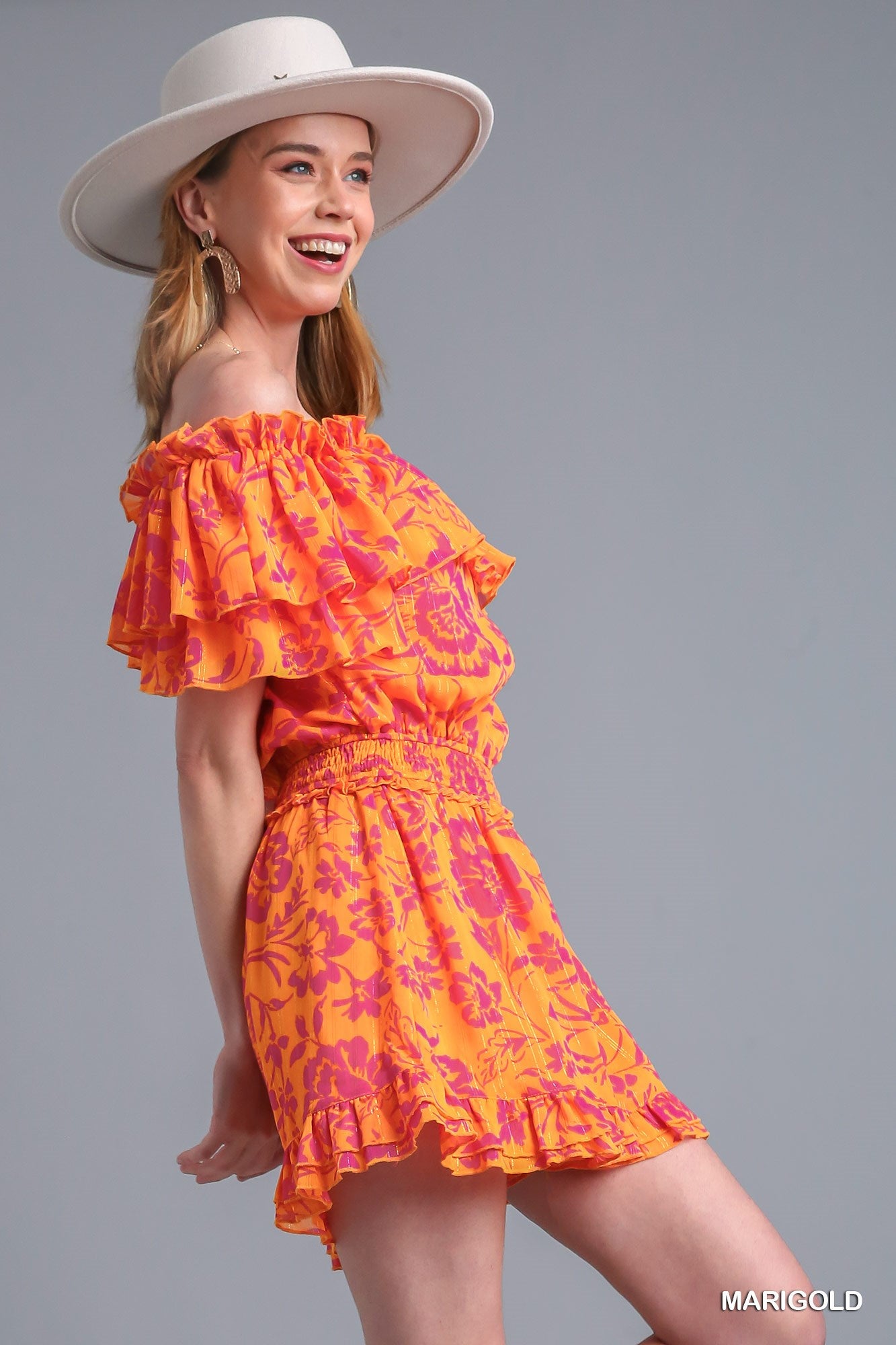 Umgee Two Ways Layered Off Shoulder Metallic Ruffle Trim Romper