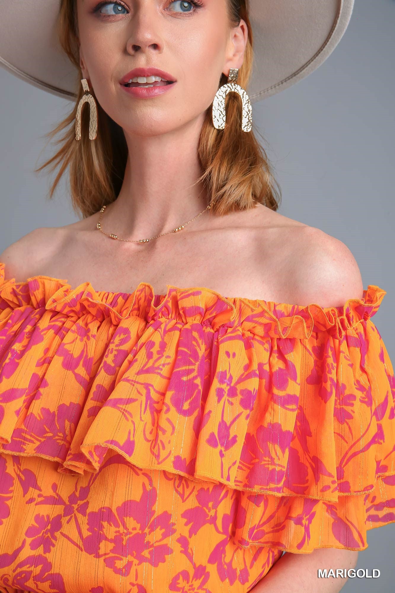 Umgee Two Ways Layered Off Shoulder Metallic Ruffle Trim Romper