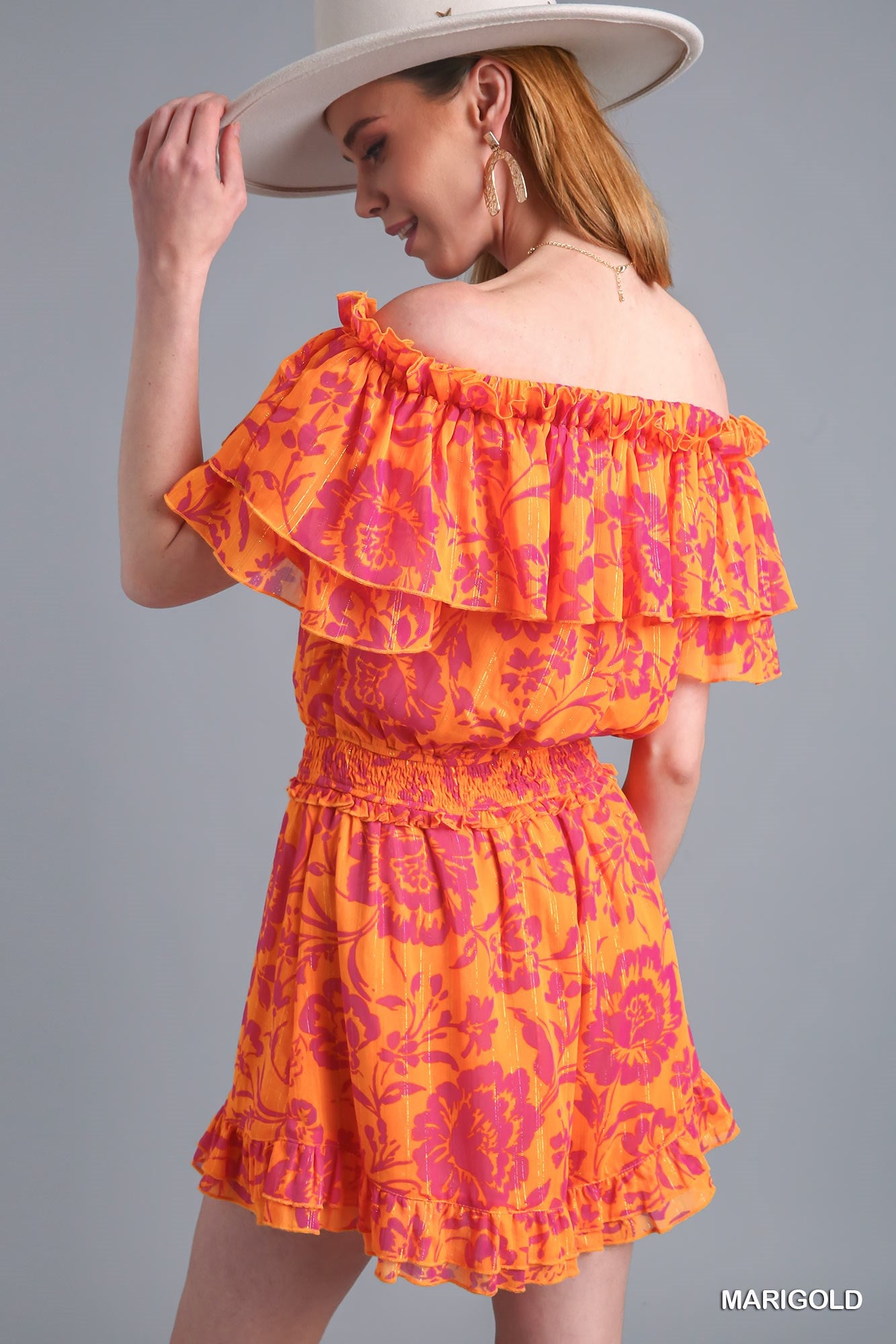 Umgee Two Ways Layered Off Shoulder Metallic Ruffle Trim Romper