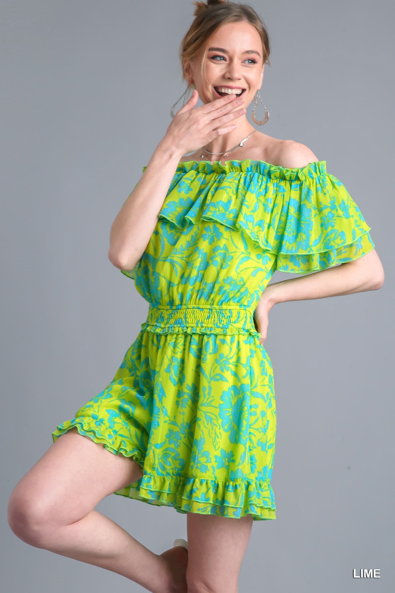 Umgee Two Ways Layered Off Shoulder Metallic Ruffle Trim Romper