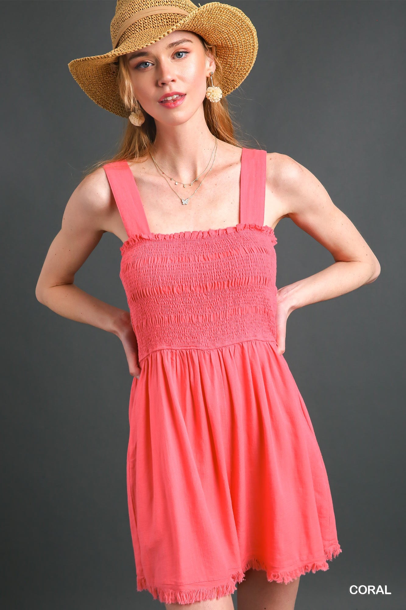 Umgee Linen Smocked Bodice Sleeveless Fray Edges Romper