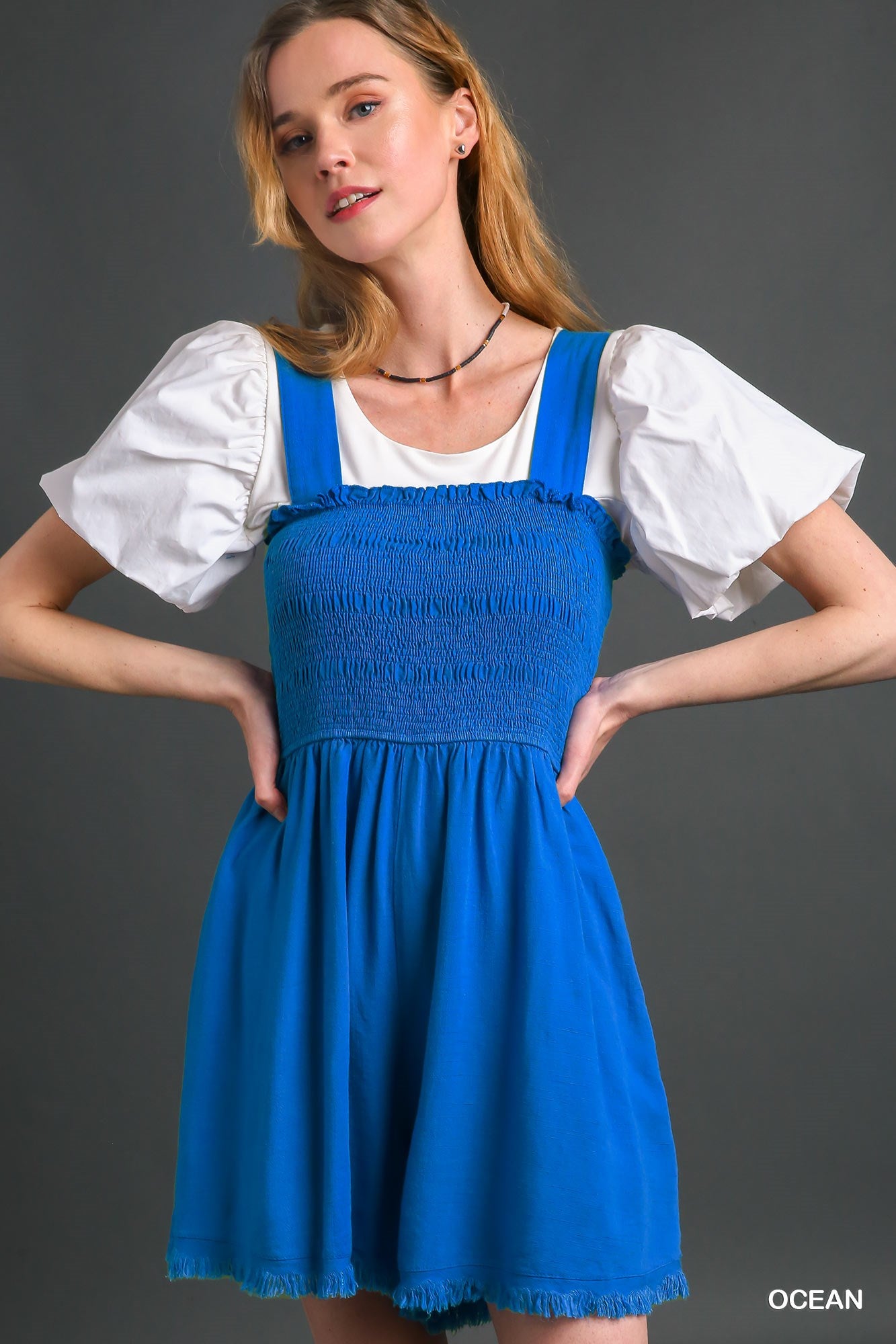 Umgee Linen Smocked Bodice Sleeveless Fray Edges Romper