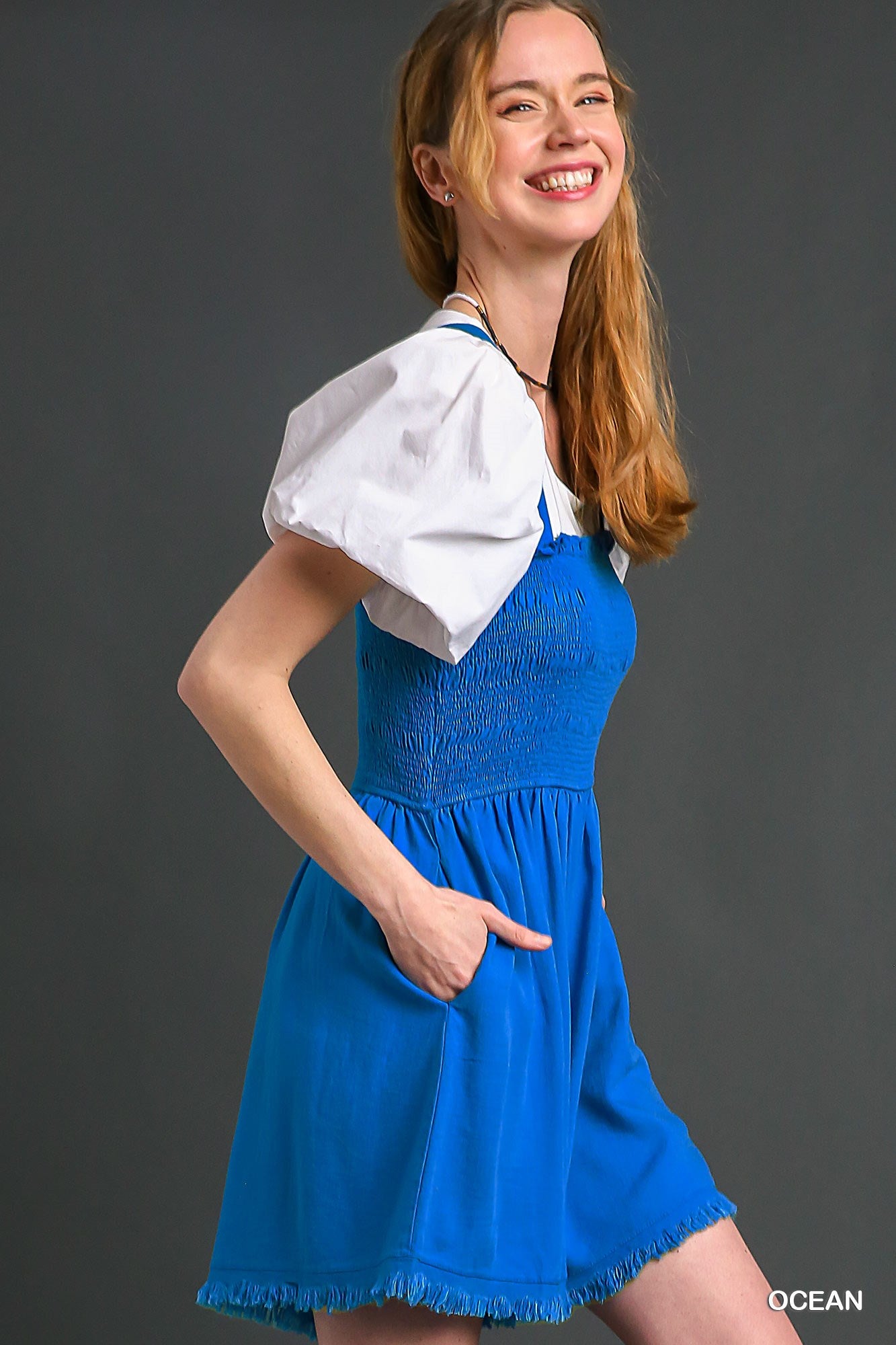 Umgee Linen Smocked Bodice Sleeveless Fray Edges Romper