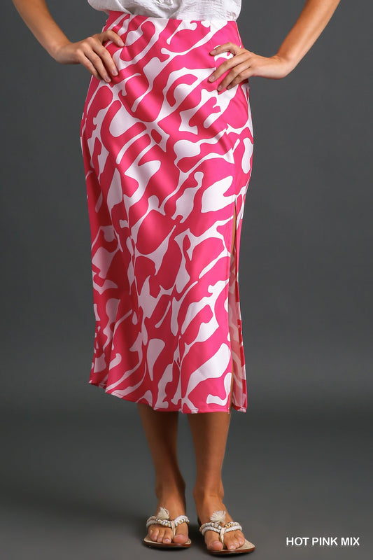 Umgee Satin Geometric Elastic Waist Band Midi Slit Skirt