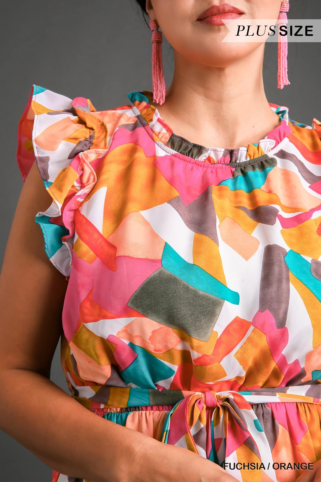 Umgee Plus Abstract Print Round Neck Tiered Ruffle Sleeves Dress