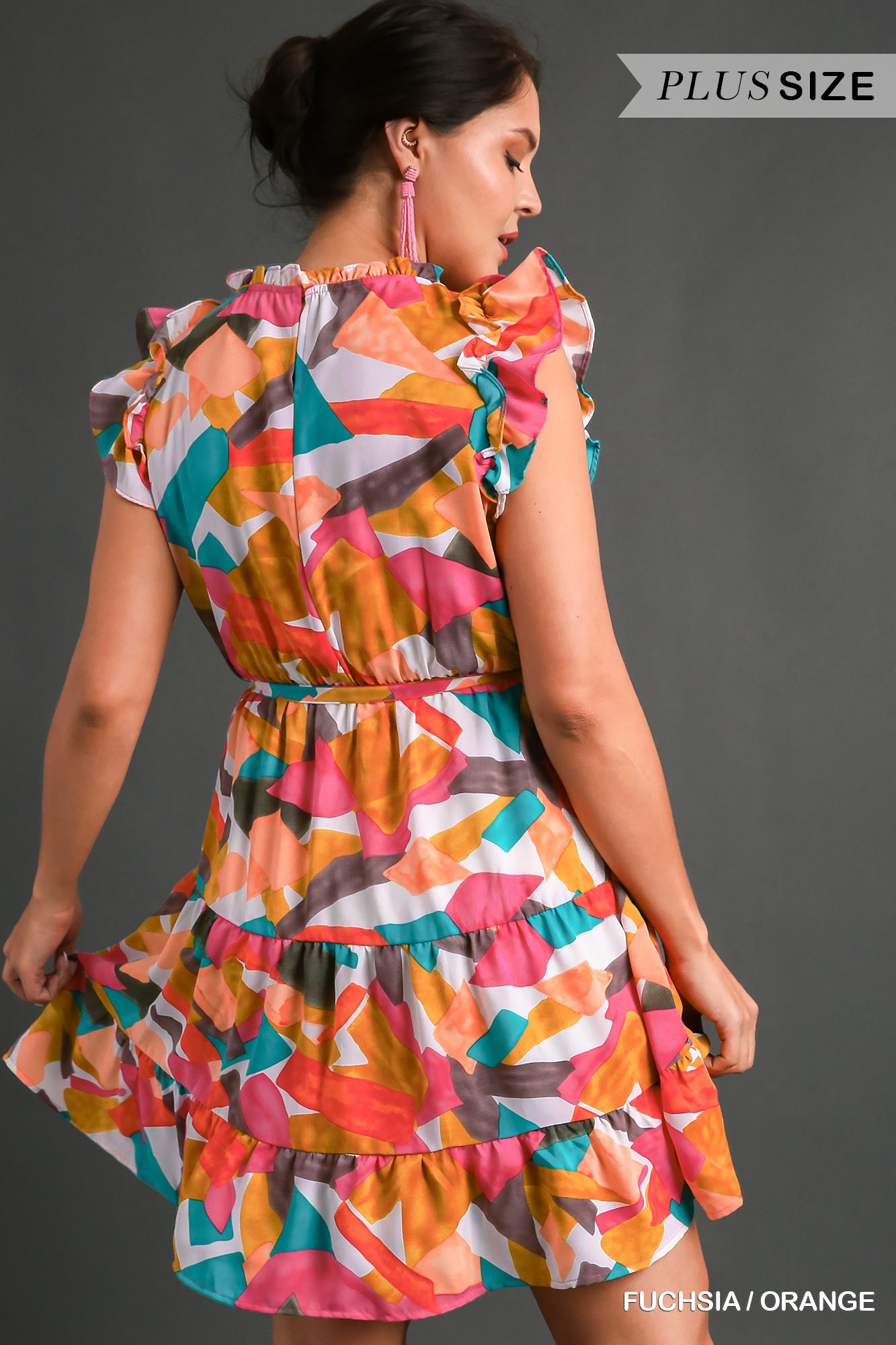 Umgee Plus Abstract Print Round Neck Tiered Ruffle Sleeves Dress