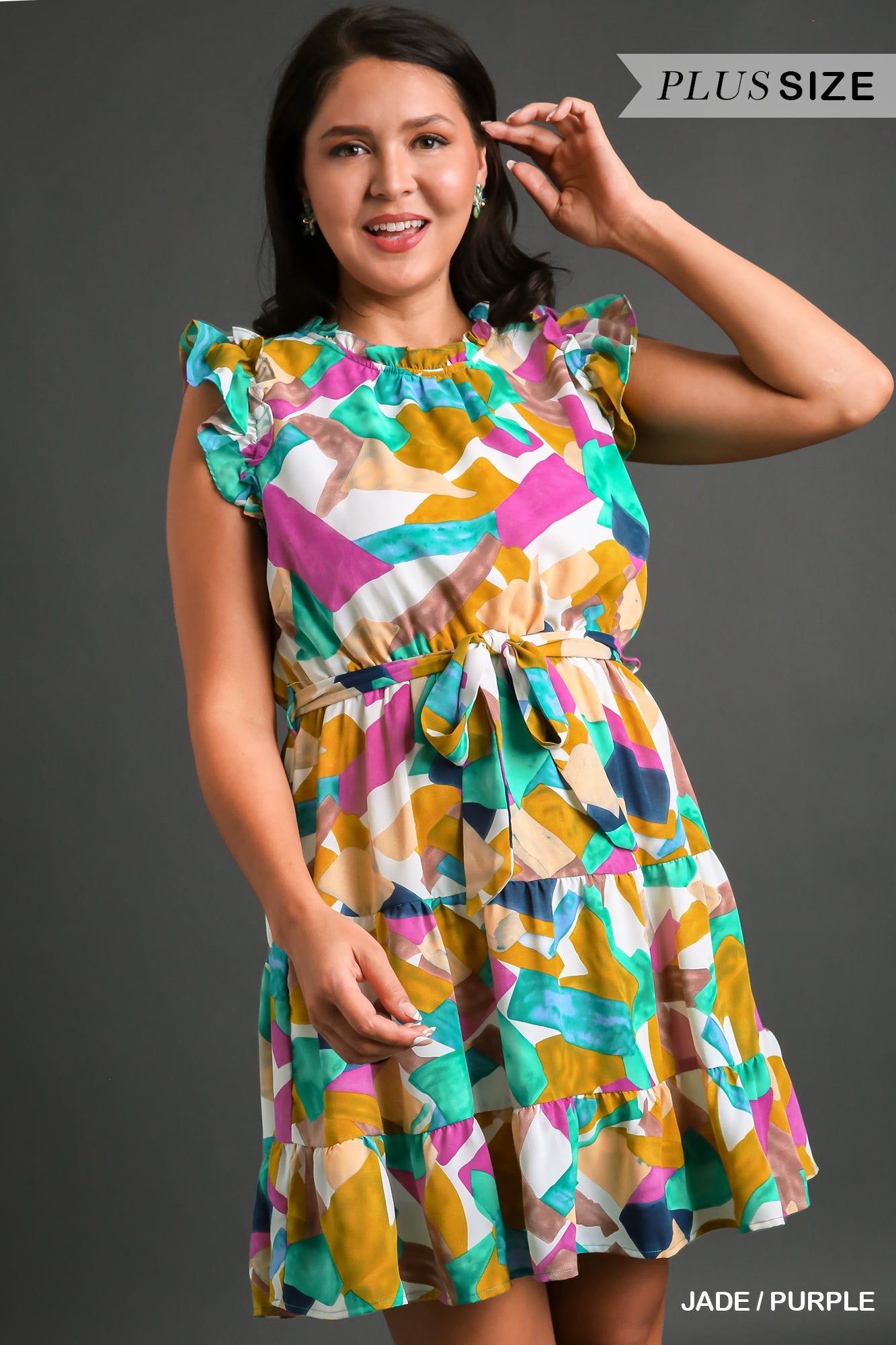 Umgee Plus Abstract Print Round Neck Tiered Ruffle Sleeves Dress
