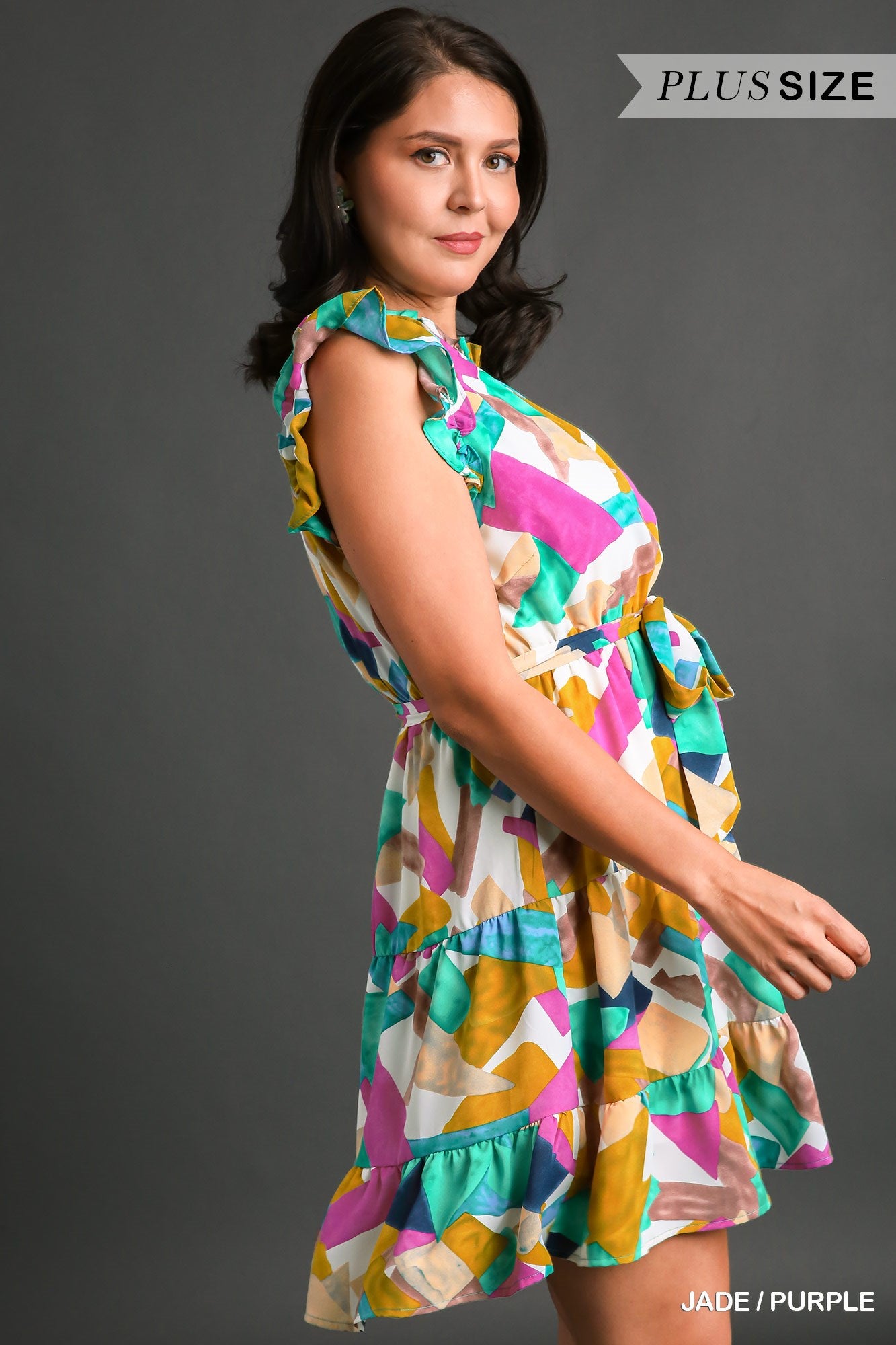 Umgee Plus Abstract Print Round Neck Tiered Ruffle Sleeves Dress