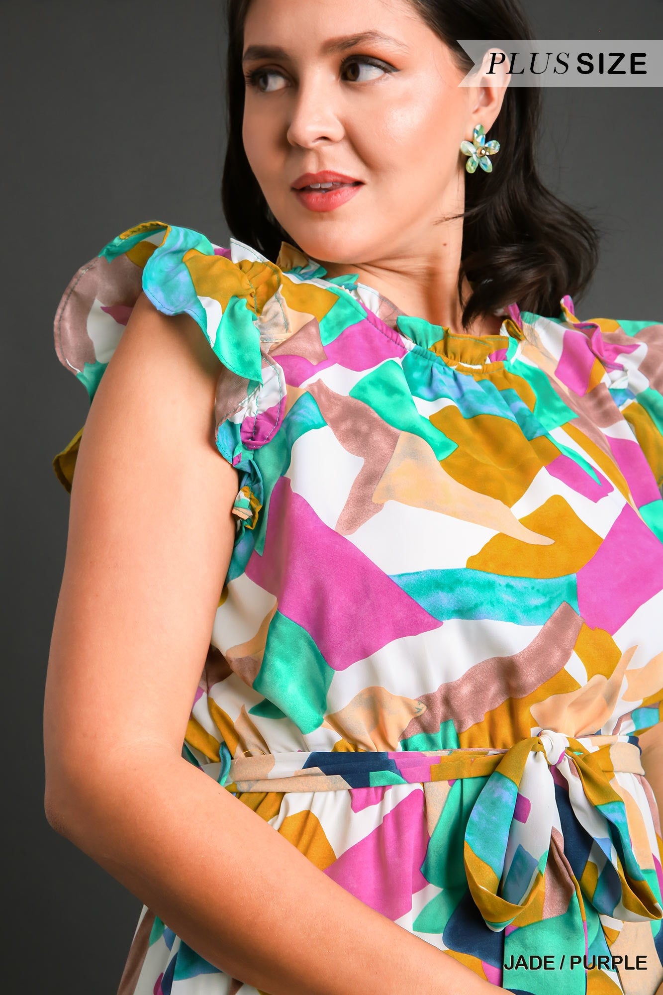 Umgee Plus Abstract Print Round Neck Tiered Ruffle Sleeves Dress