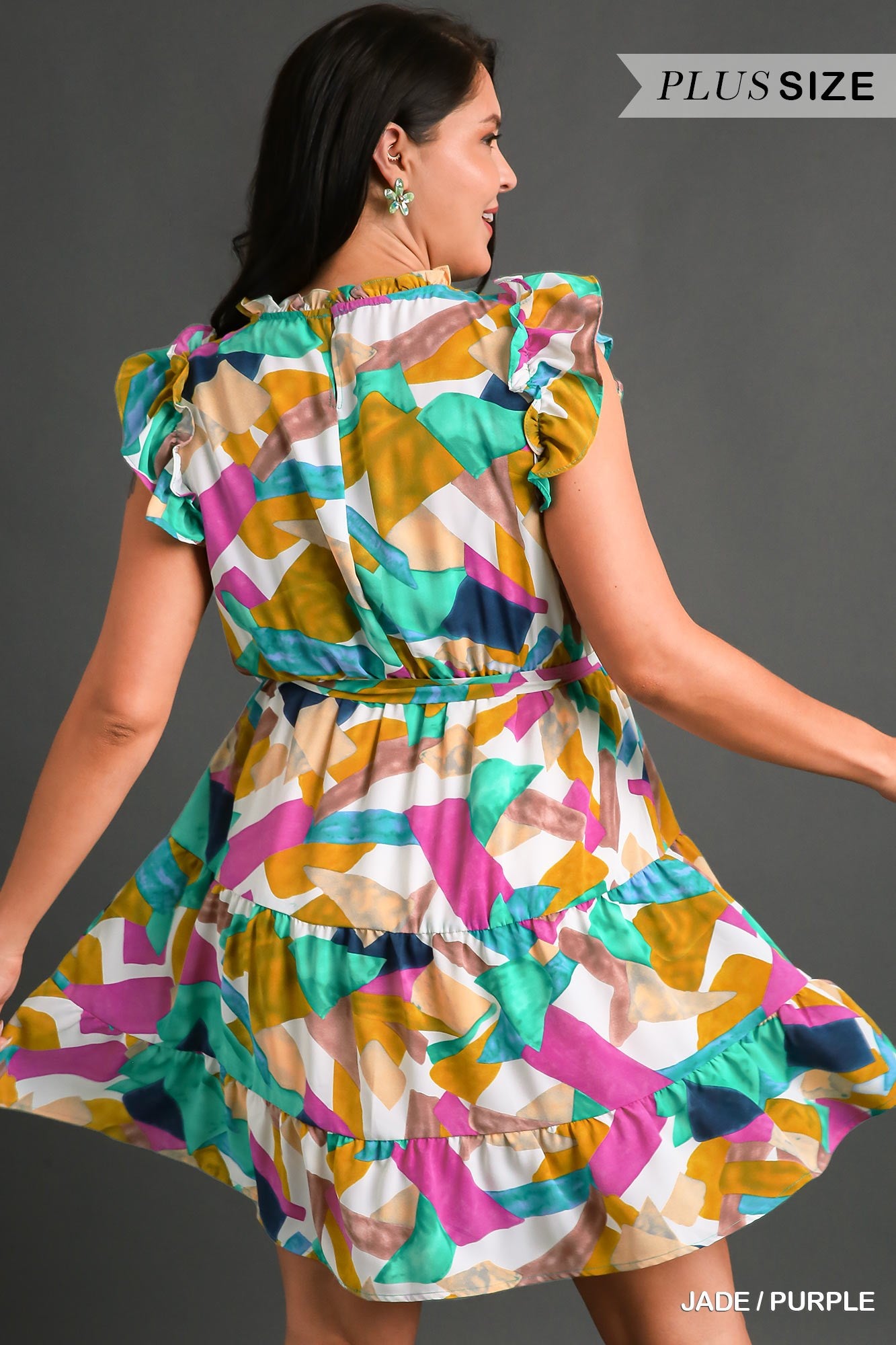 Umgee Plus Abstract Print Round Neck Tiered Ruffle Sleeves Dress