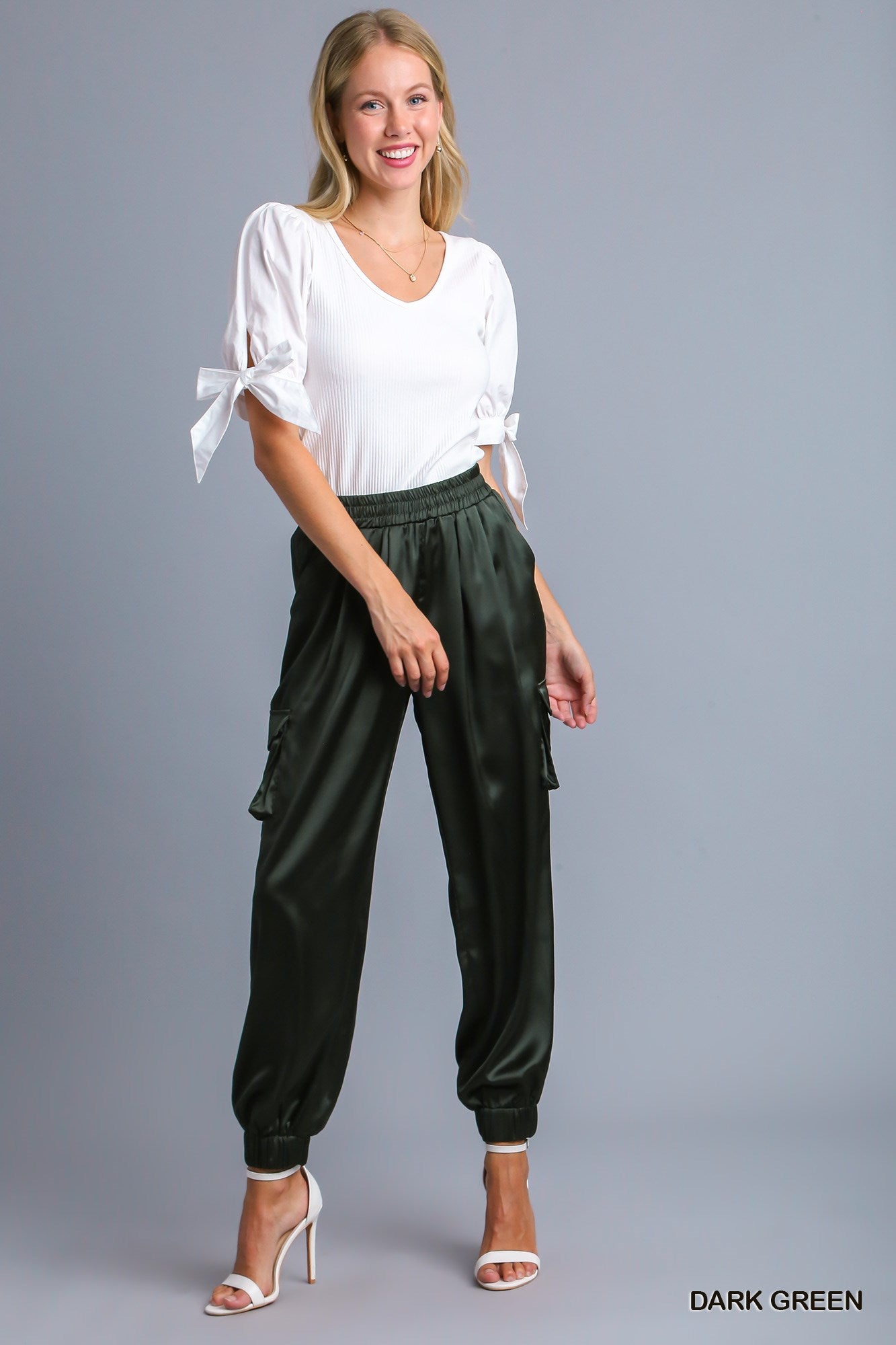 Umgee Satin Jogger Cargo Adjustable Waist Tie Side Pockets Pants