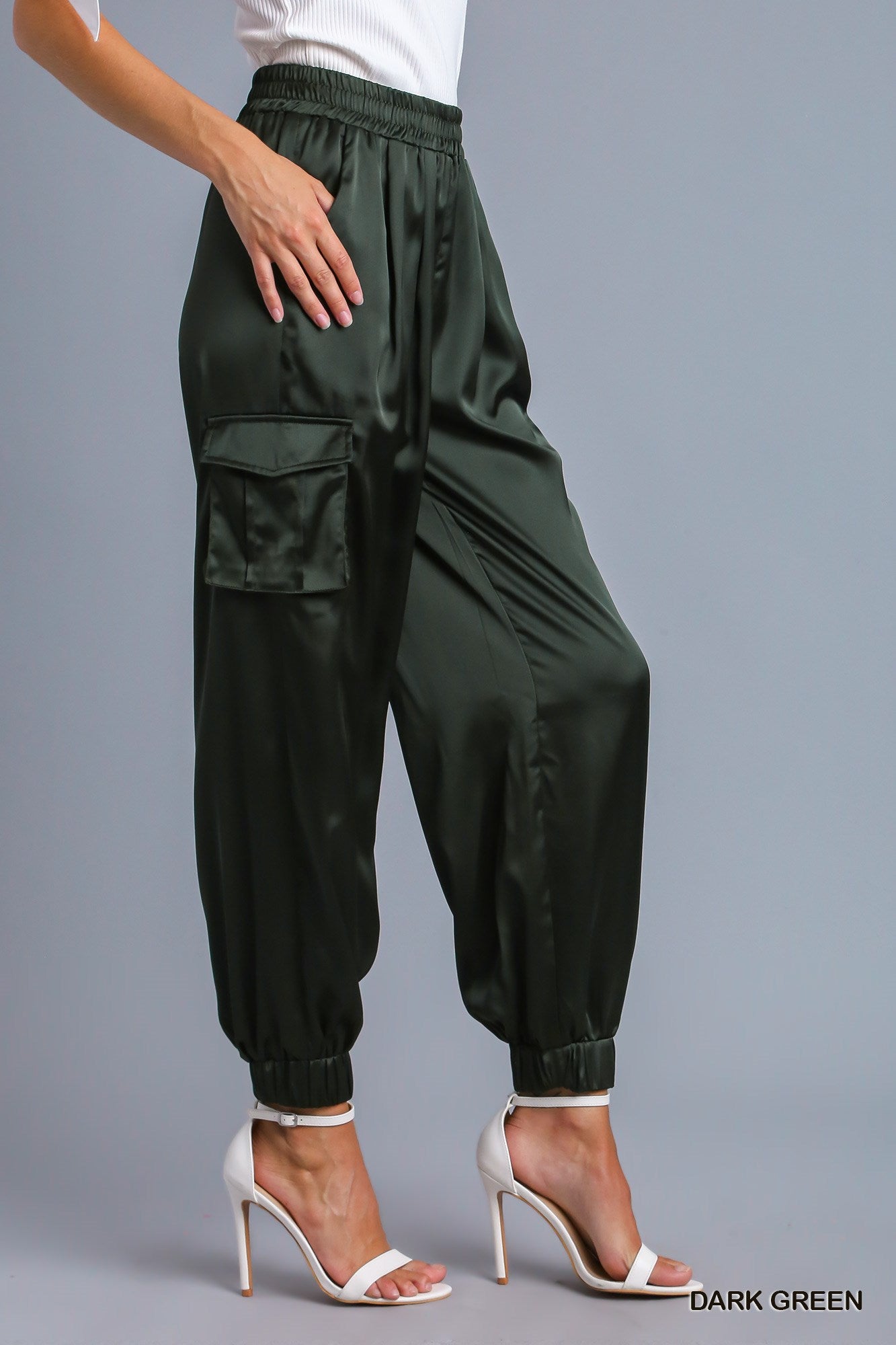 Umgee Satin Jogger Cargo Adjustable Waist Tie Side Pockets Pants