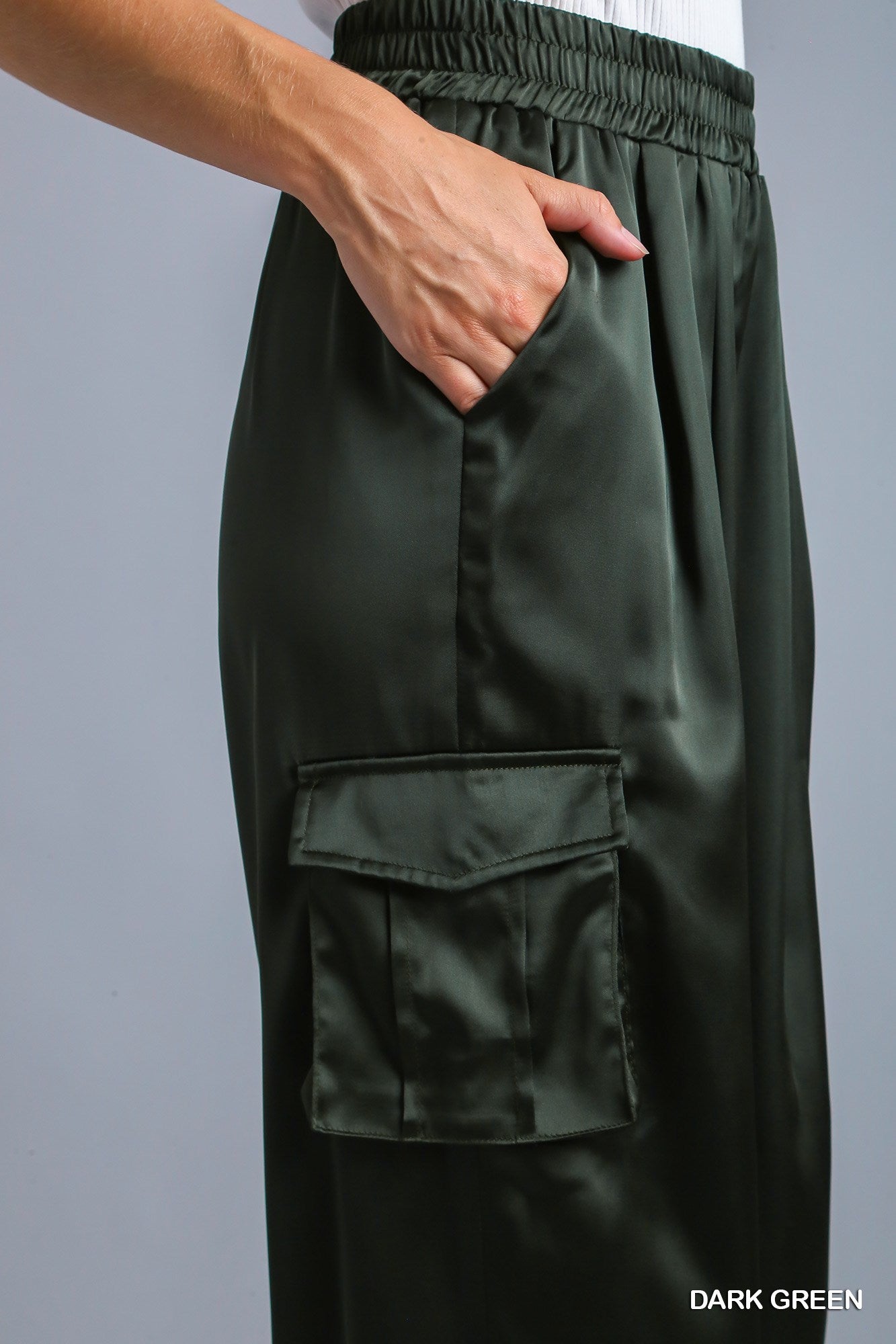 Umgee Satin Jogger Cargo Adjustable Waist Tie Side Pockets Pants
