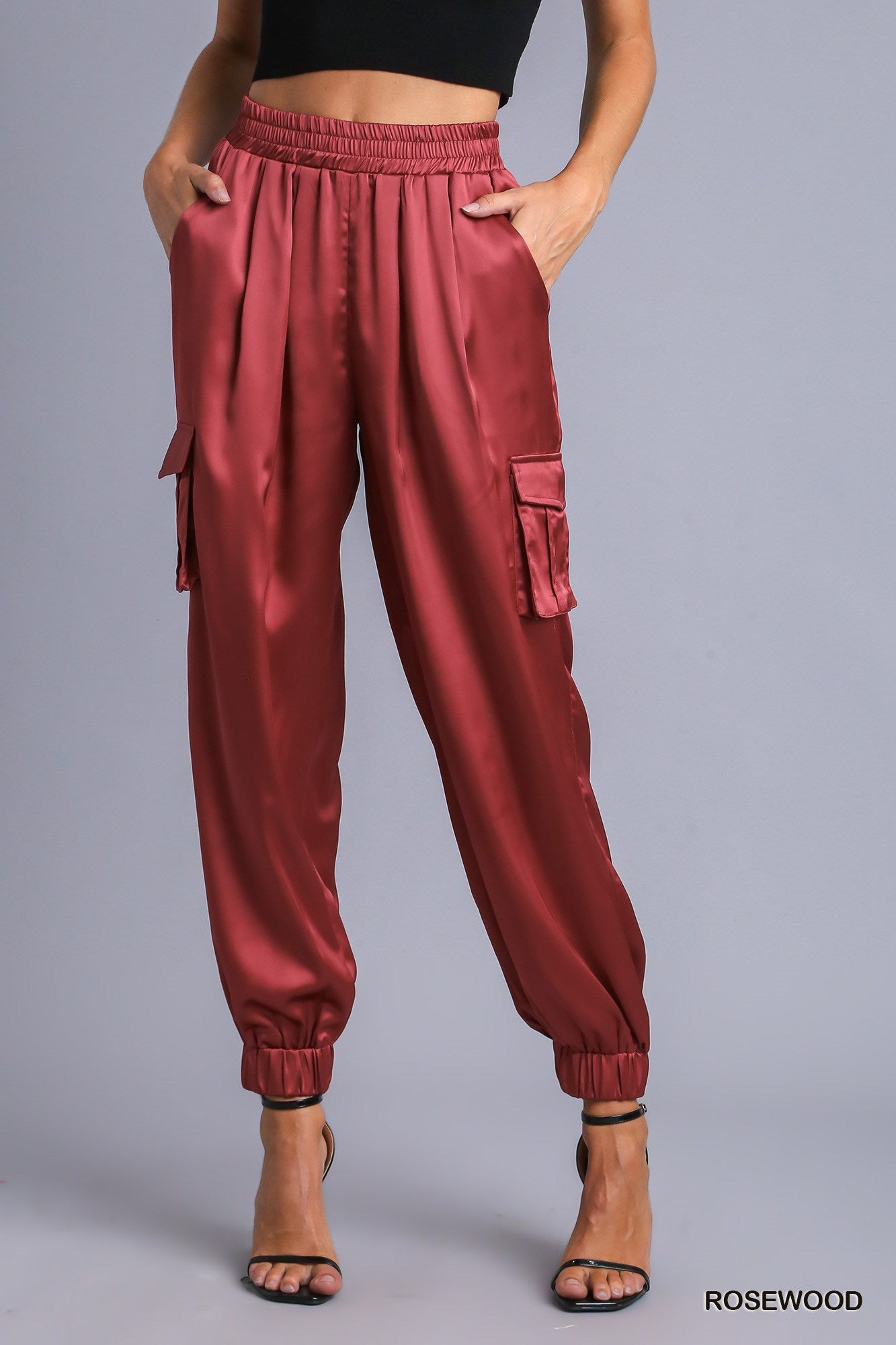 Umgee Satin Jogger Cargo Adjustable Waist Tie Side Pockets Pants