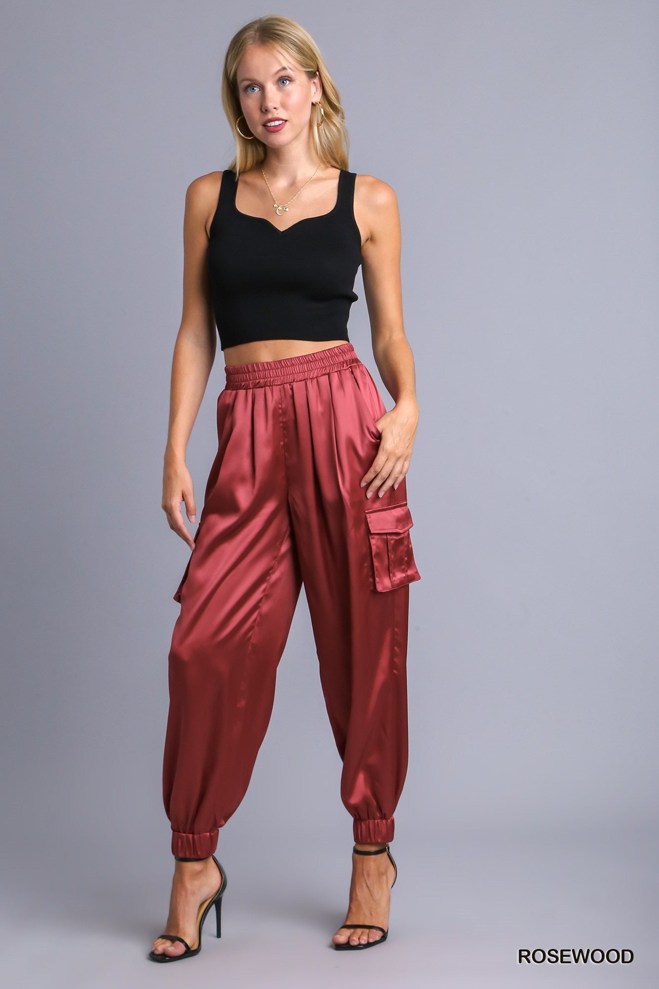 Umgee Satin Jogger Cargo Adjustable Waist Tie Side Pockets Pants