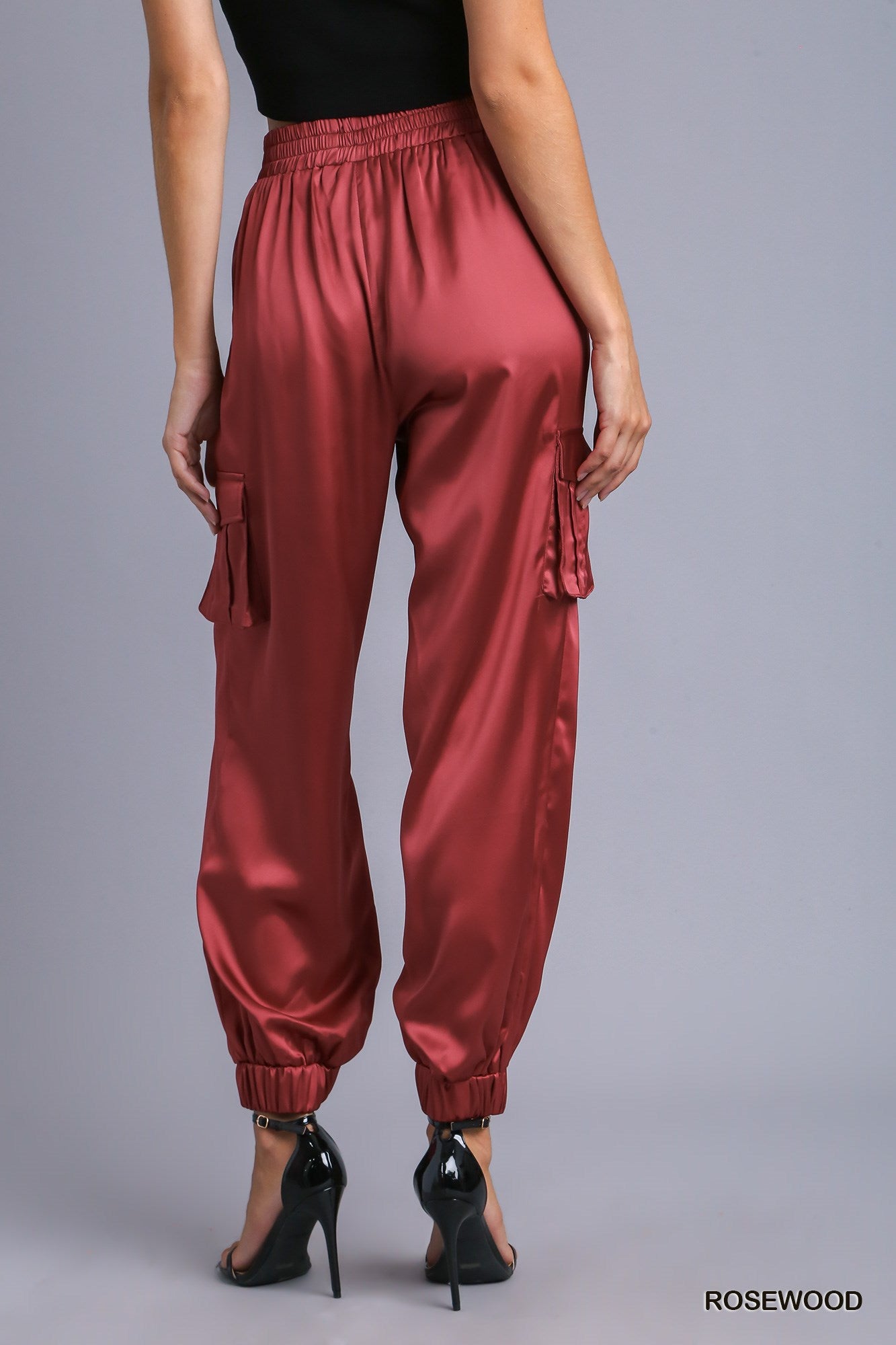 Umgee Satin Jogger Cargo Adjustable Waist Tie Side Pockets Pants