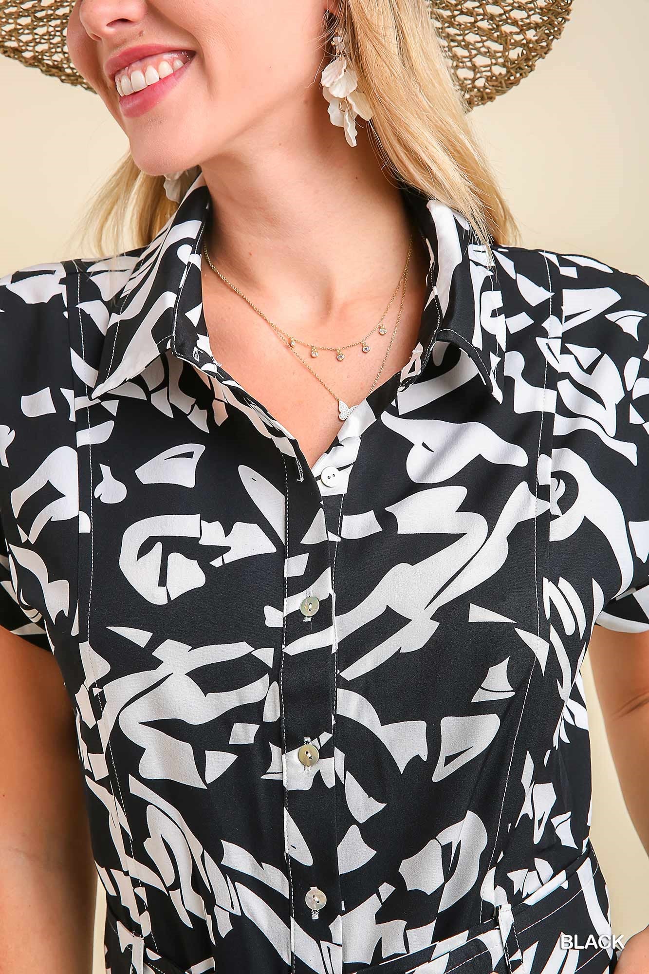 Umgee Abstract Collared Adjustable Belt Romper