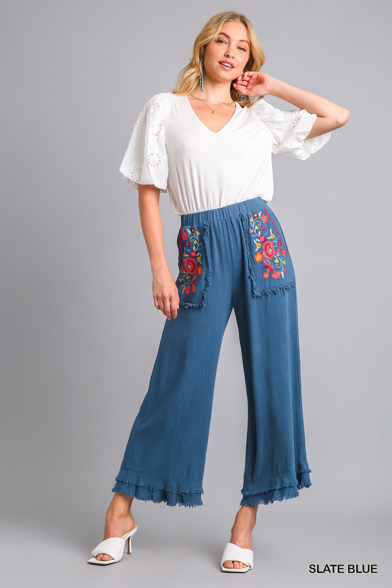 Umgee Embroidery Elastic Waistband Bottom Tiered Frayed Hem Pants