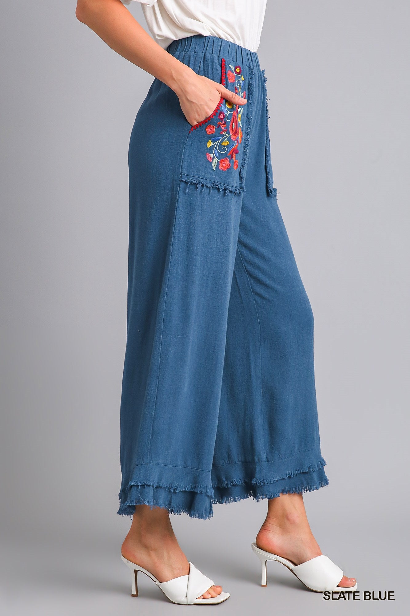 Umgee Embroidery Elastic Waistband Bottom Tiered Frayed Hem Pants