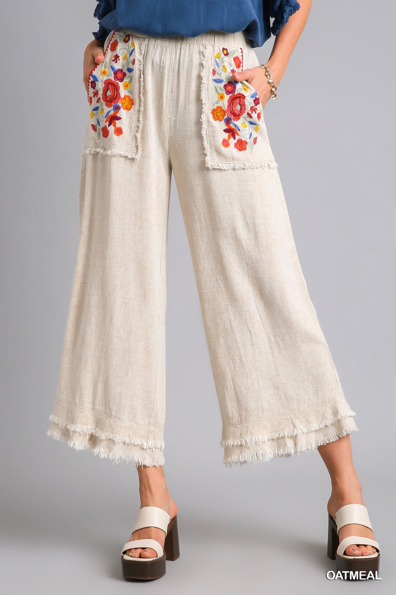 Umgee Embroidery Elastic Waistband Bottom Tiered Frayed Hem Pants