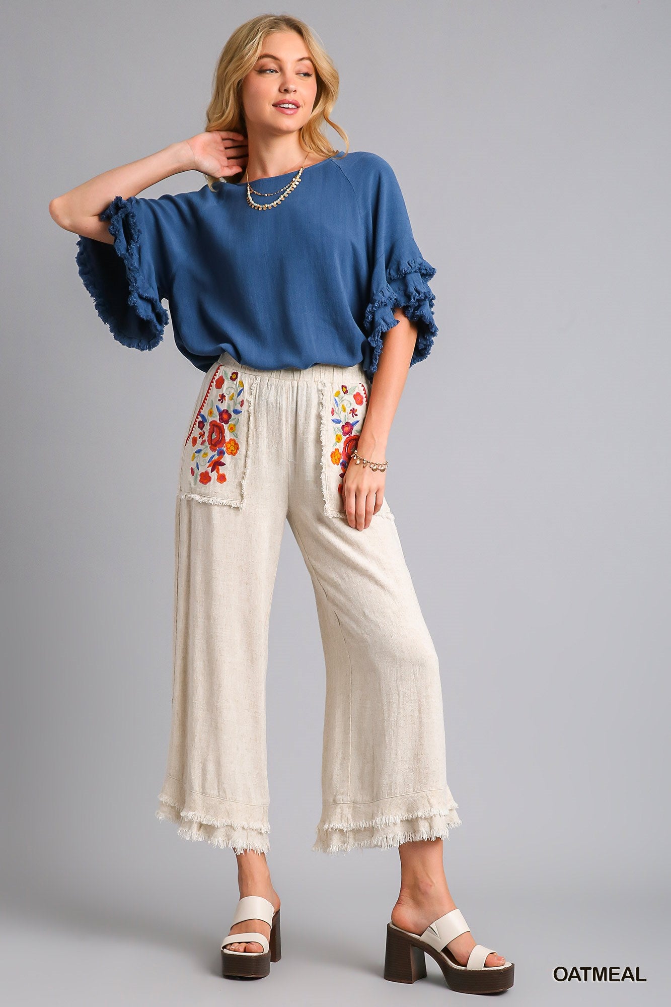 Umgee Embroidery Elastic Waistband Bottom Tiered Frayed Hem Pants