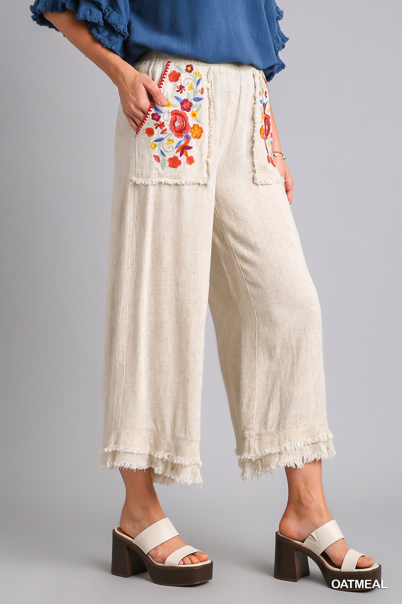 Umgee Embroidery Elastic Waistband Bottom Tiered Frayed Hem Pants