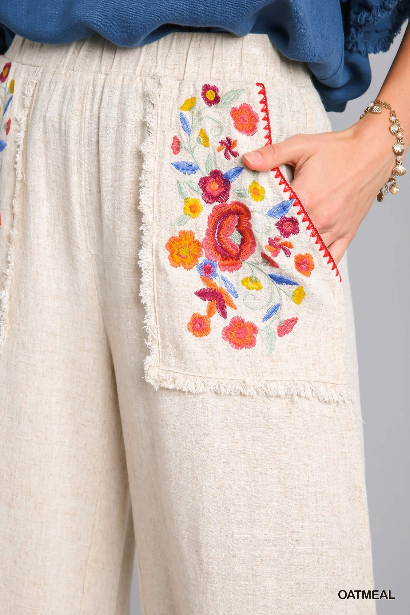 Umgee Embroidery Elastic Waistband Bottom Tiered Frayed Hem Pants