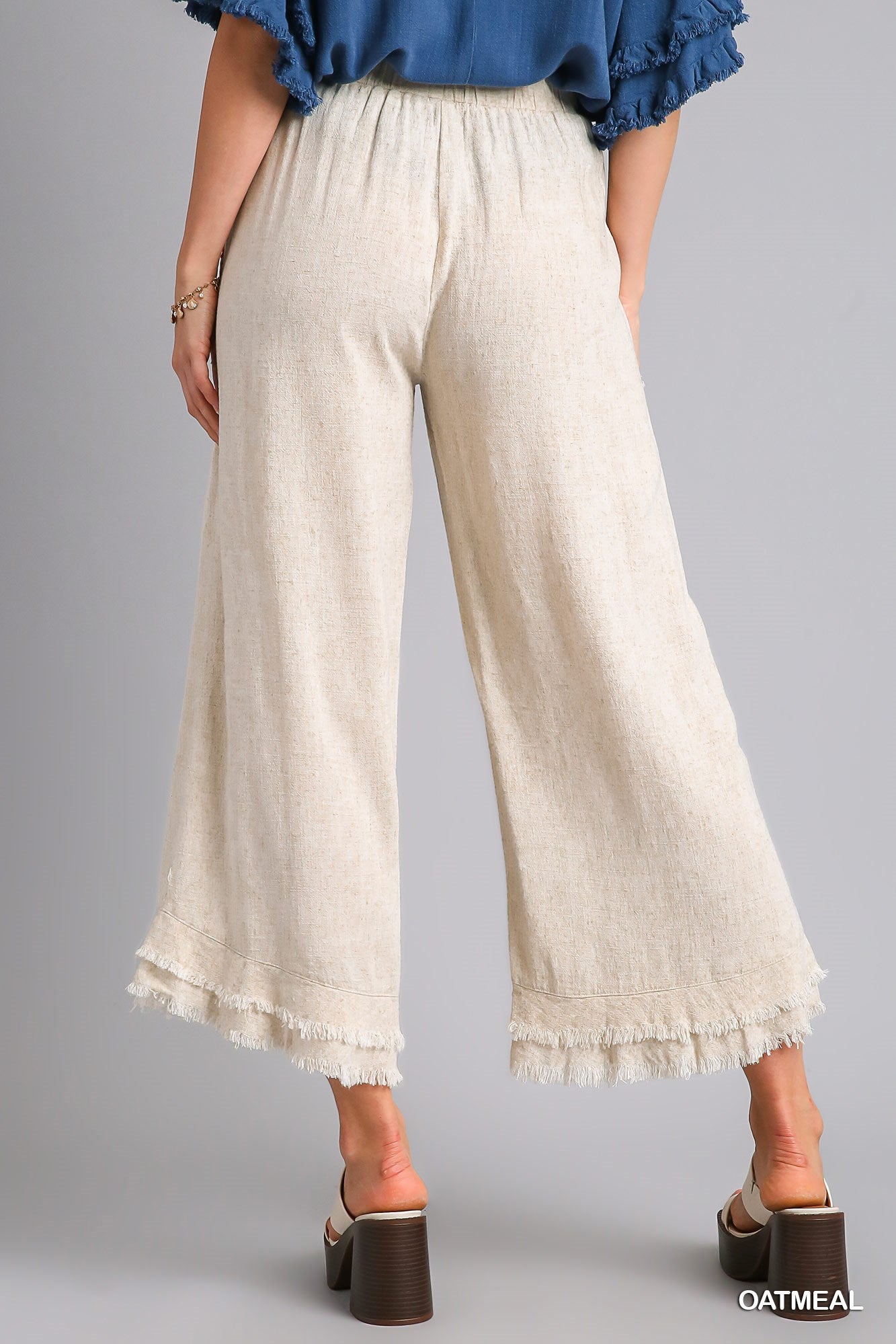 Umgee Embroidery Elastic Waistband Bottom Tiered Frayed Hem Pants