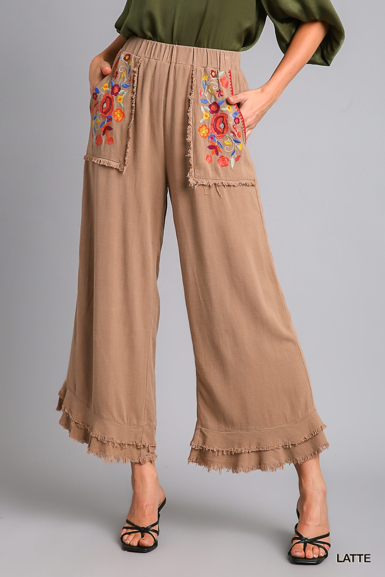Umgee Embroidery Elastic Waistband Bottom Tiered Frayed Hem Pants