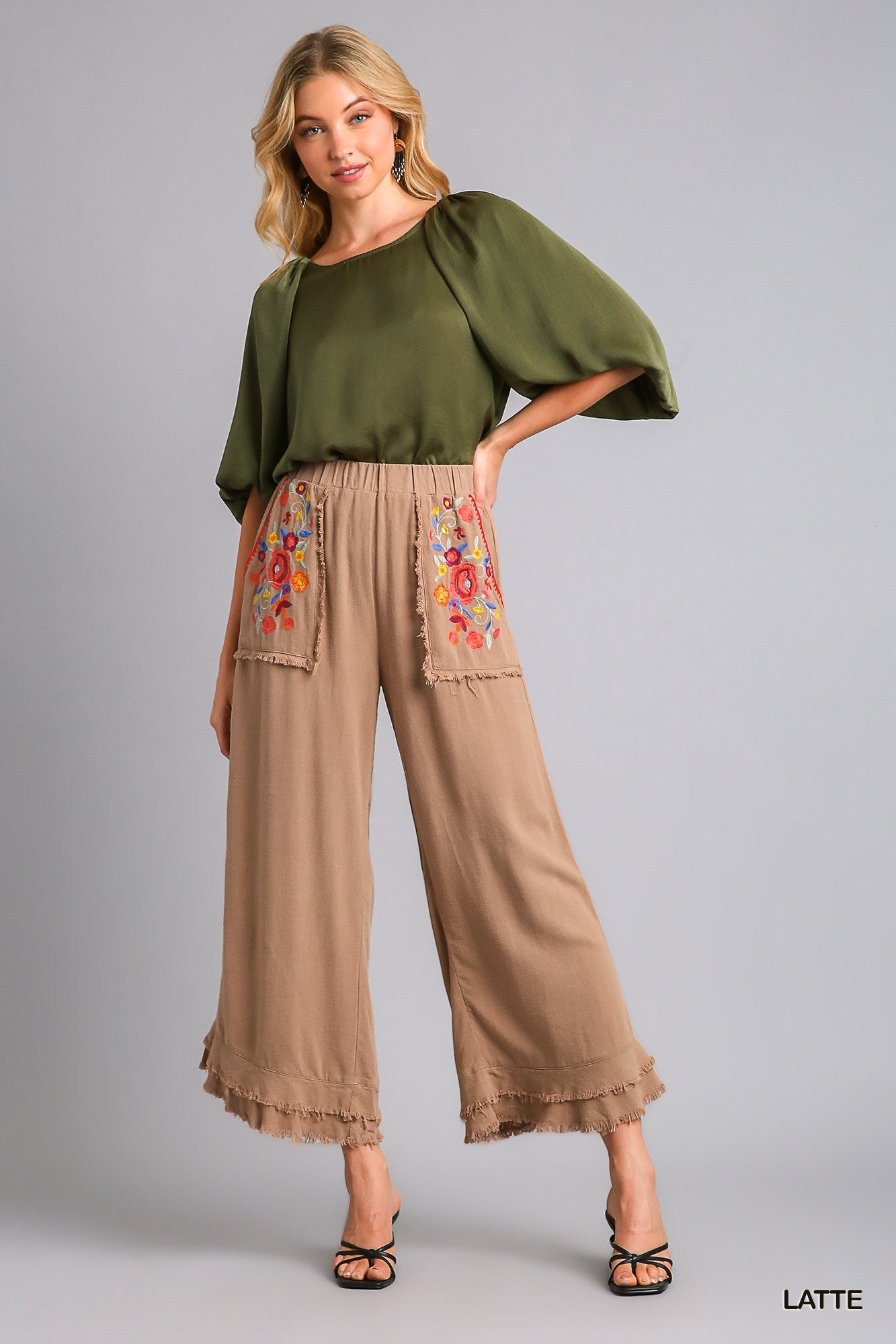 Umgee Embroidery Elastic Waistband Bottom Tiered Frayed Hem Pants