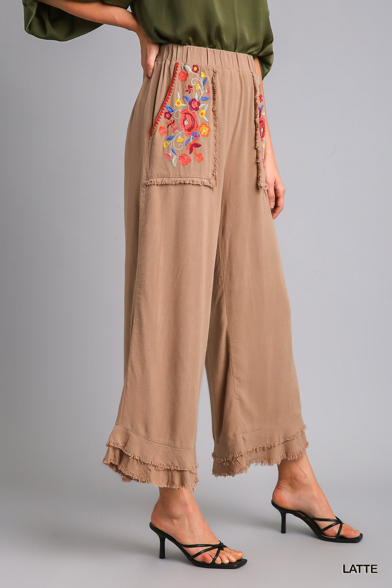 Umgee Embroidery Elastic Waistband Bottom Tiered Frayed Hem Pants