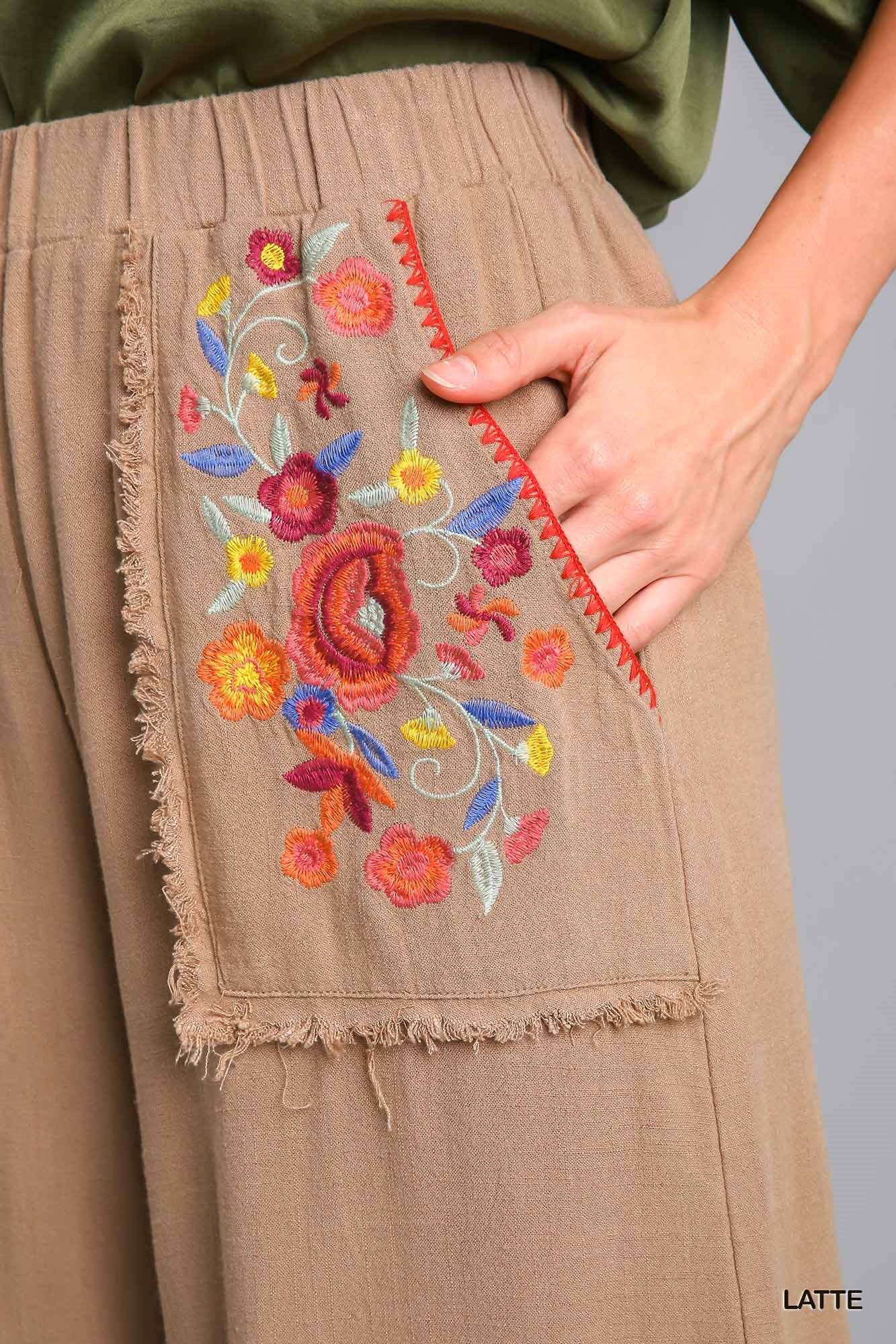 Umgee Embroidery Elastic Waistband Bottom Tiered Frayed Hem Pants