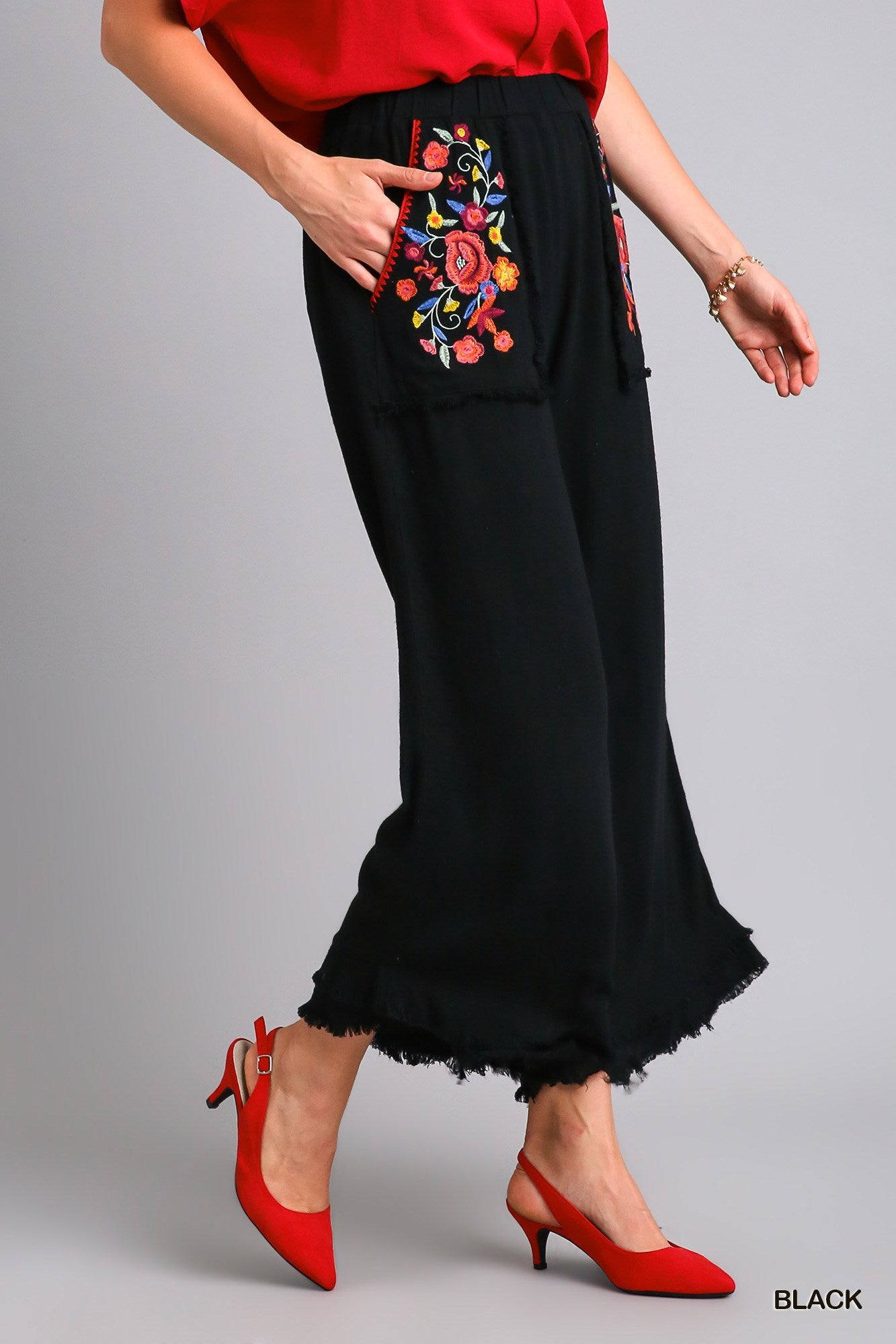 Umgee Embroidery Elastic Waistband Bottom Tiered Frayed Hem Pants