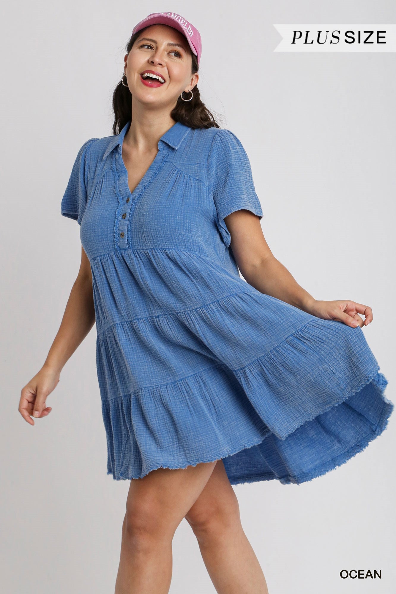 Umgee Plus Mineral Wash Short Tiered Unfinished Frayed Hem Dress