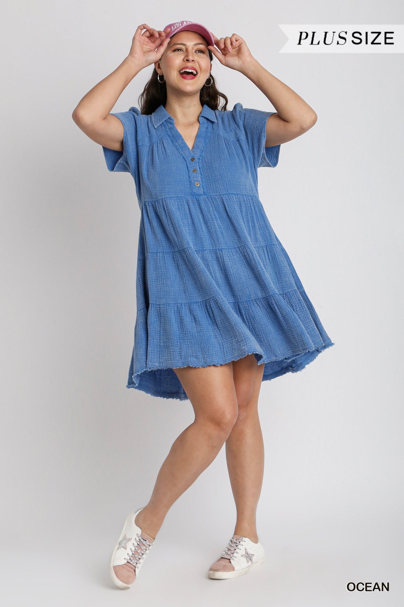 Umgee Plus Mineral Wash Short Tiered Unfinished Frayed Hem Dress