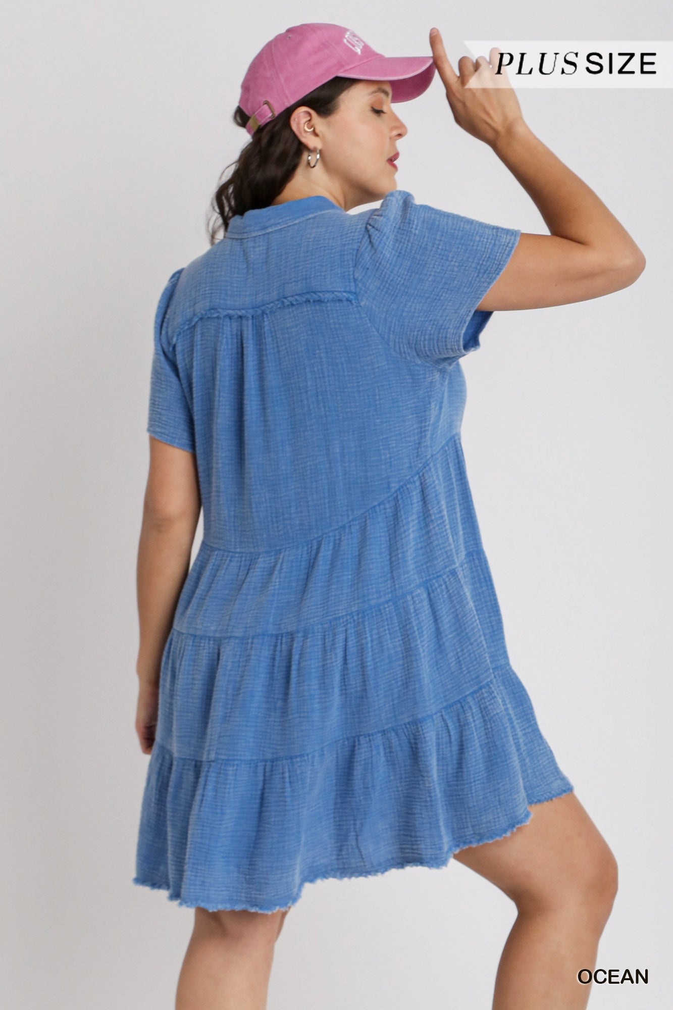 Umgee Plus Mineral Wash Short Tiered Unfinished Frayed Hem Dress