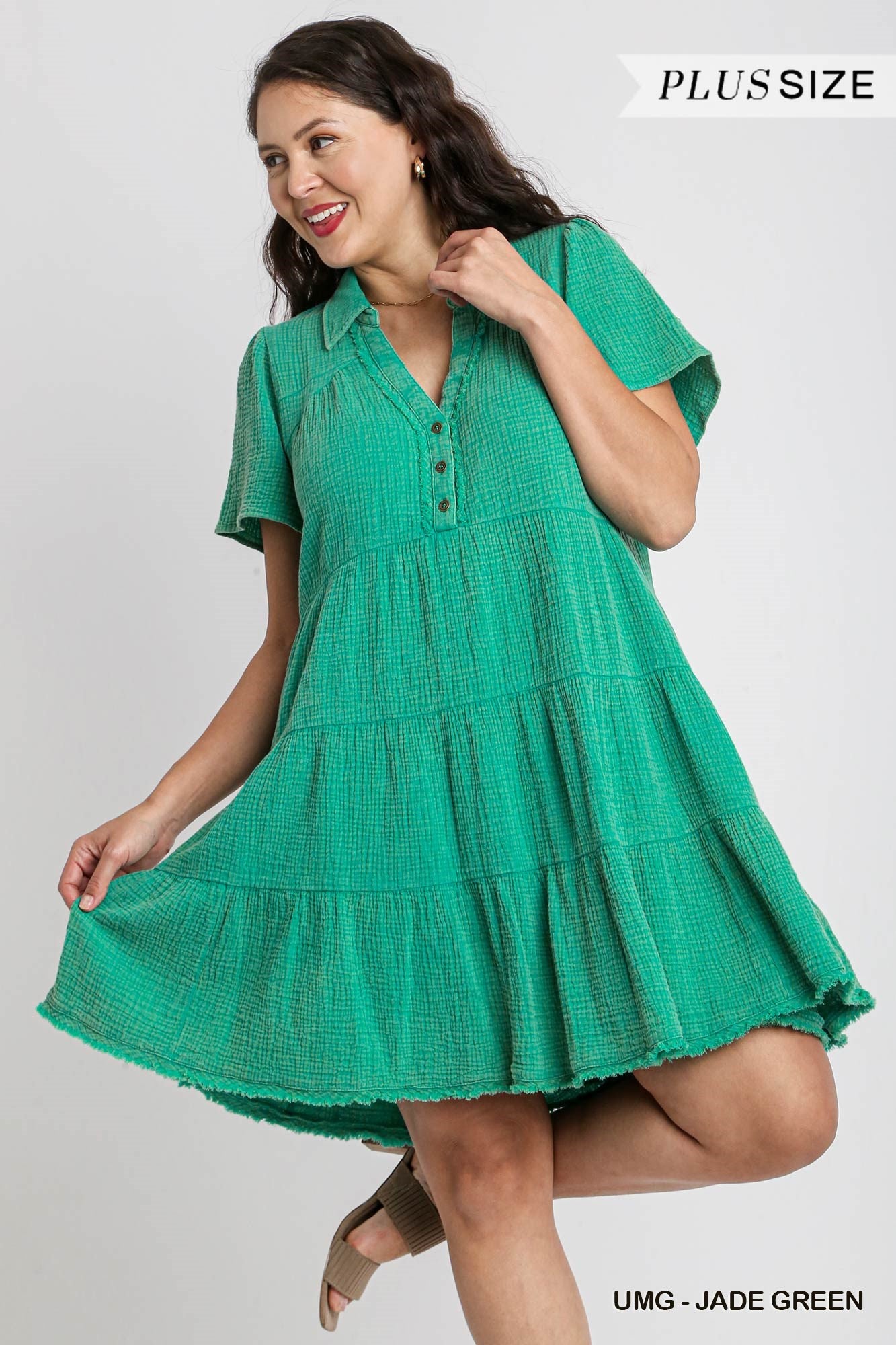 Umgee Plus Mineral Wash Short Tiered Unfinished Frayed Hem Dress