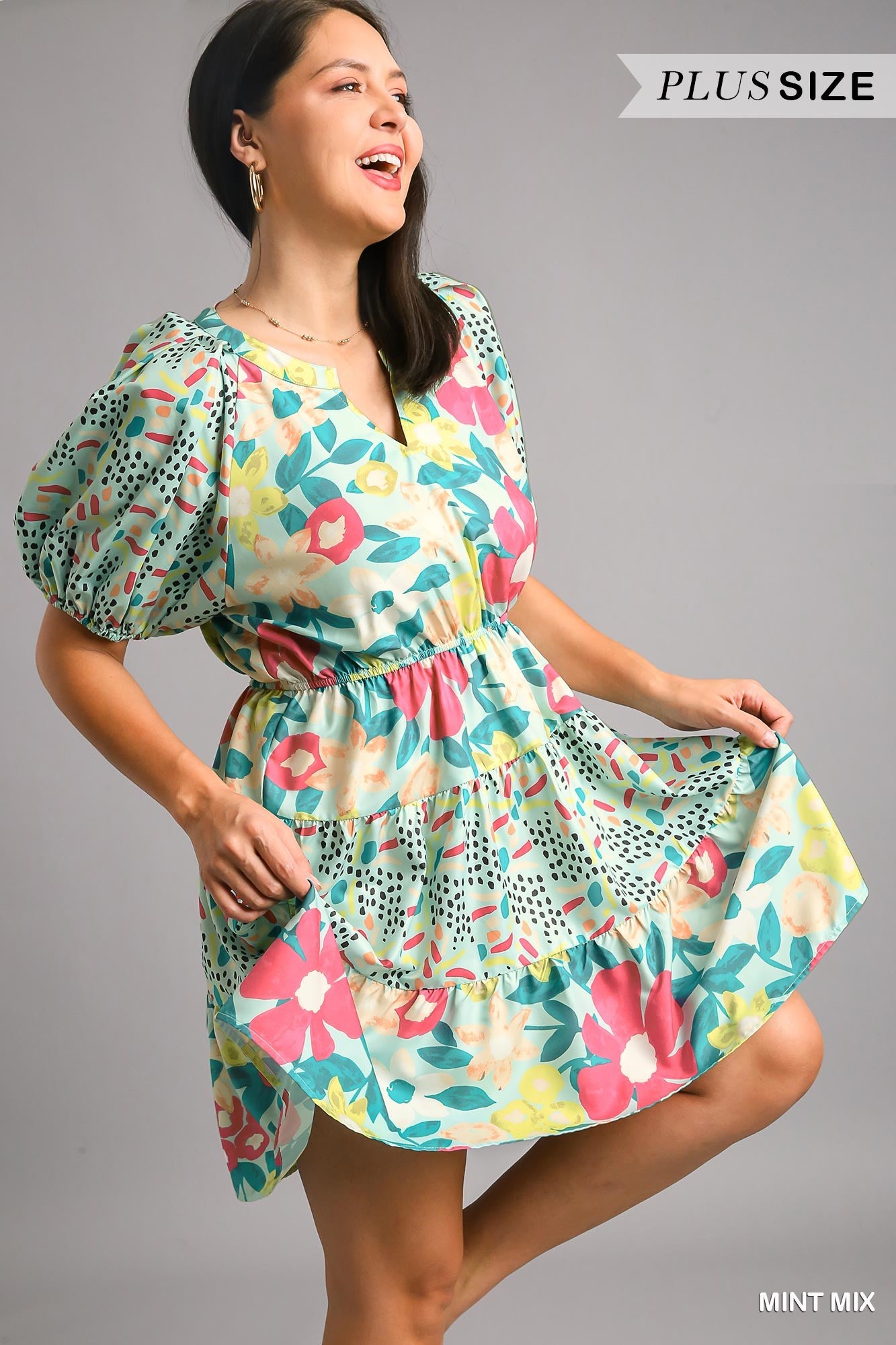 Umgee Plus V-Notched Floral Mixed Print Bubble Sleeve Dress